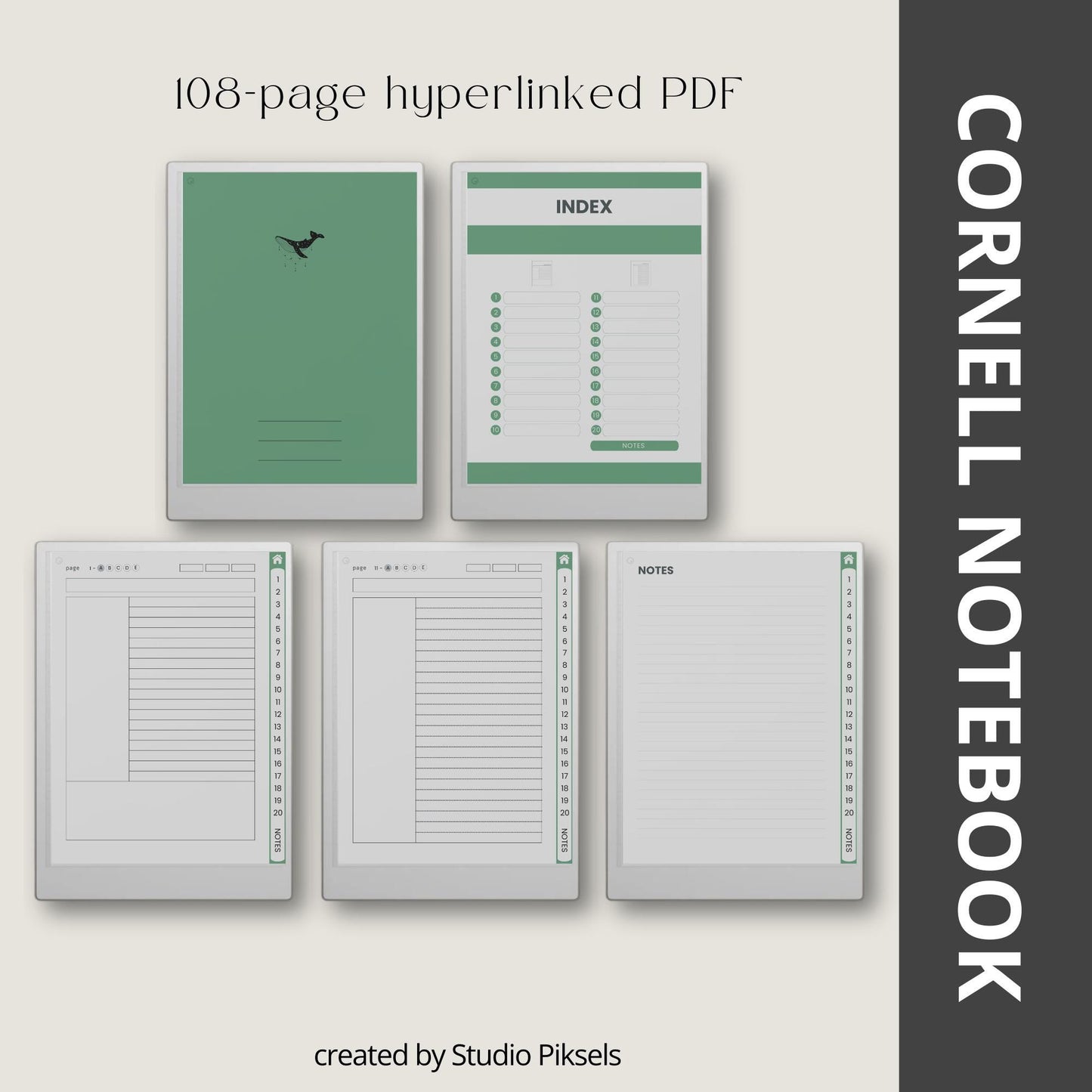 Cornell notebooks for reMarkable Paper Pro with hyperlinked index, 100 Cornell note pages, and three distinct cover designs.