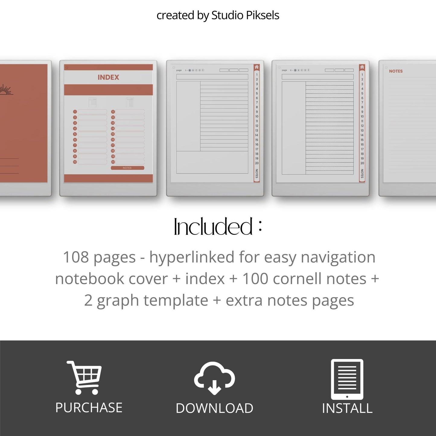 Cornell notebooks for reMarkable Paper Pro with hyperlinked index, 100 Cornell note pages, and three distinct cover designs.