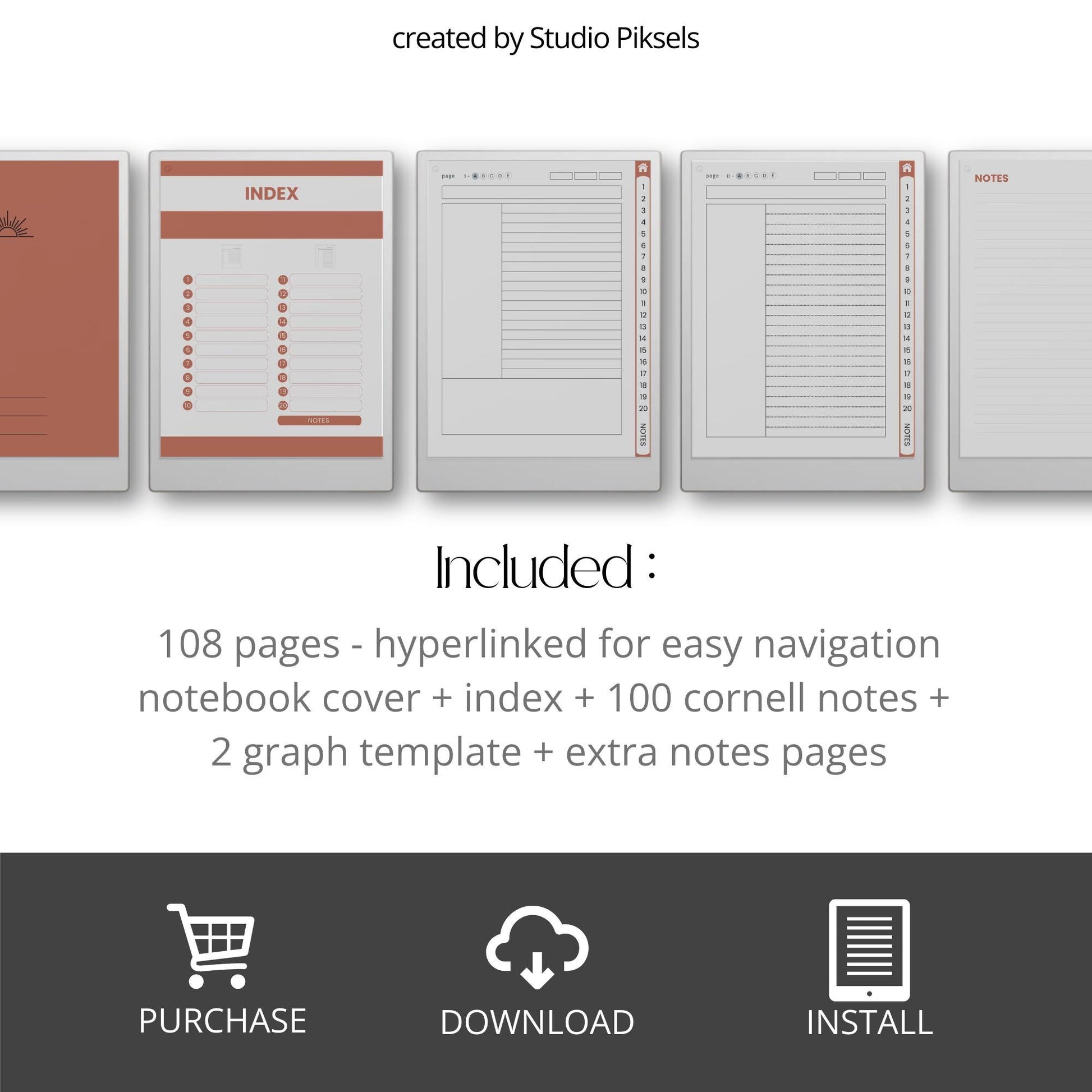 Cornell notebooks for reMarkable Paper Pro with hyperlinked index, 100 Cornell note pages, and three distinct cover designs.