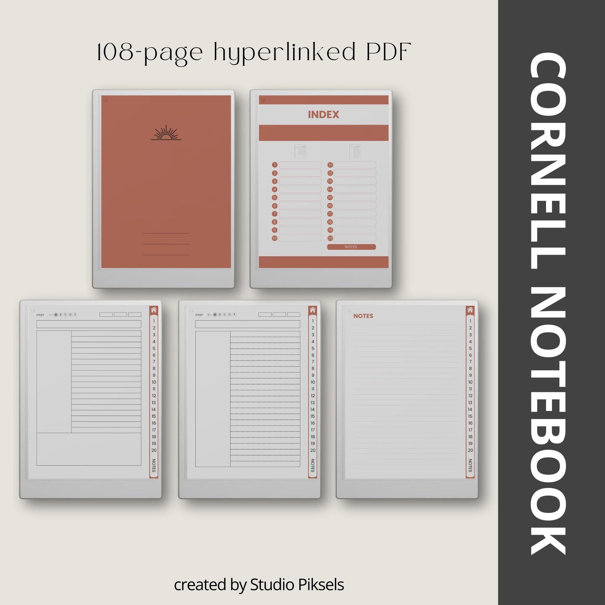 Cornell notebooks for reMarkable Paper Pro with hyperlinked index, 100 Cornell note pages, and three distinct cover designs.