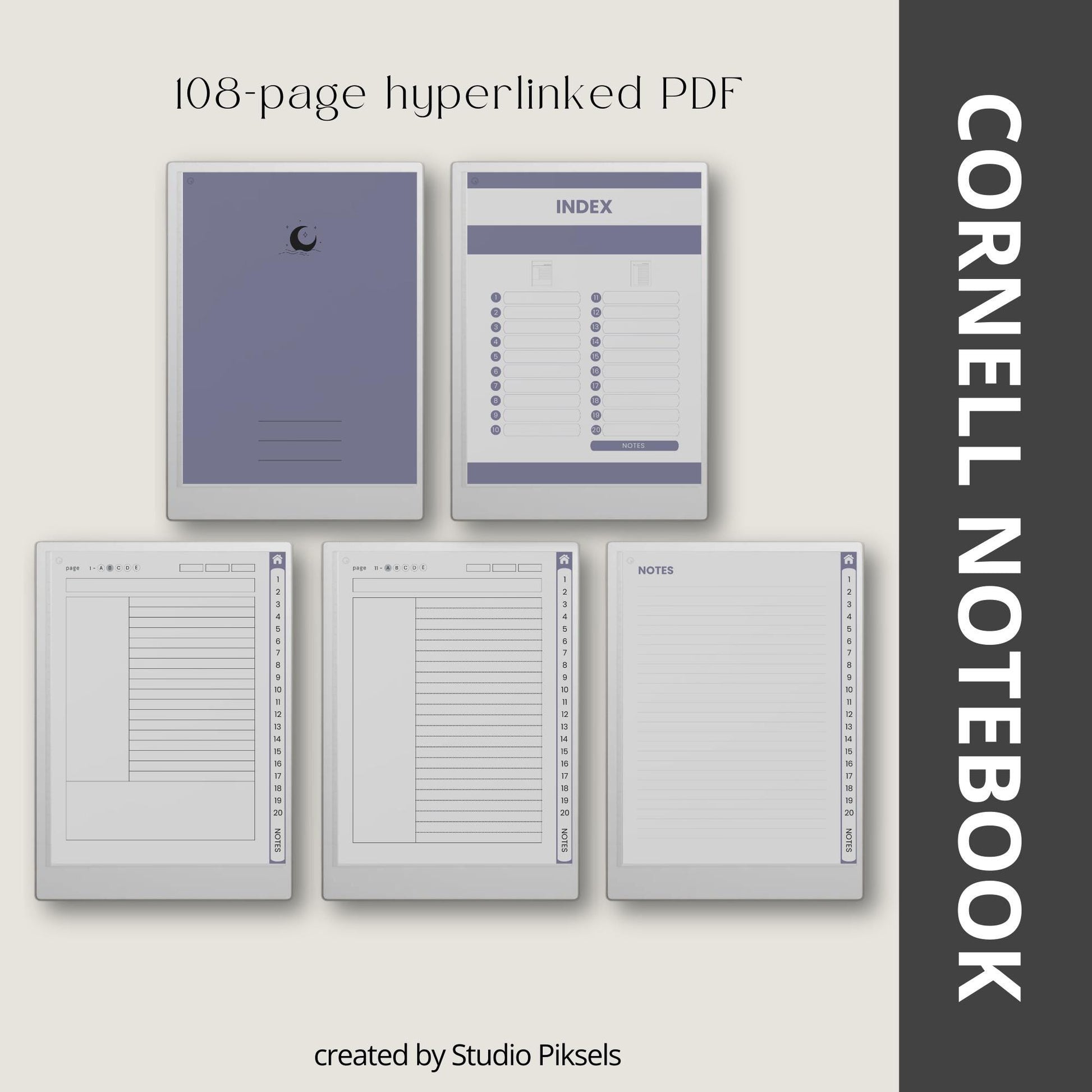 Cornell notebooks for reMarkable Paper Pro with hyperlinked index, 100 Cornell note pages, and three distinct cover designs.