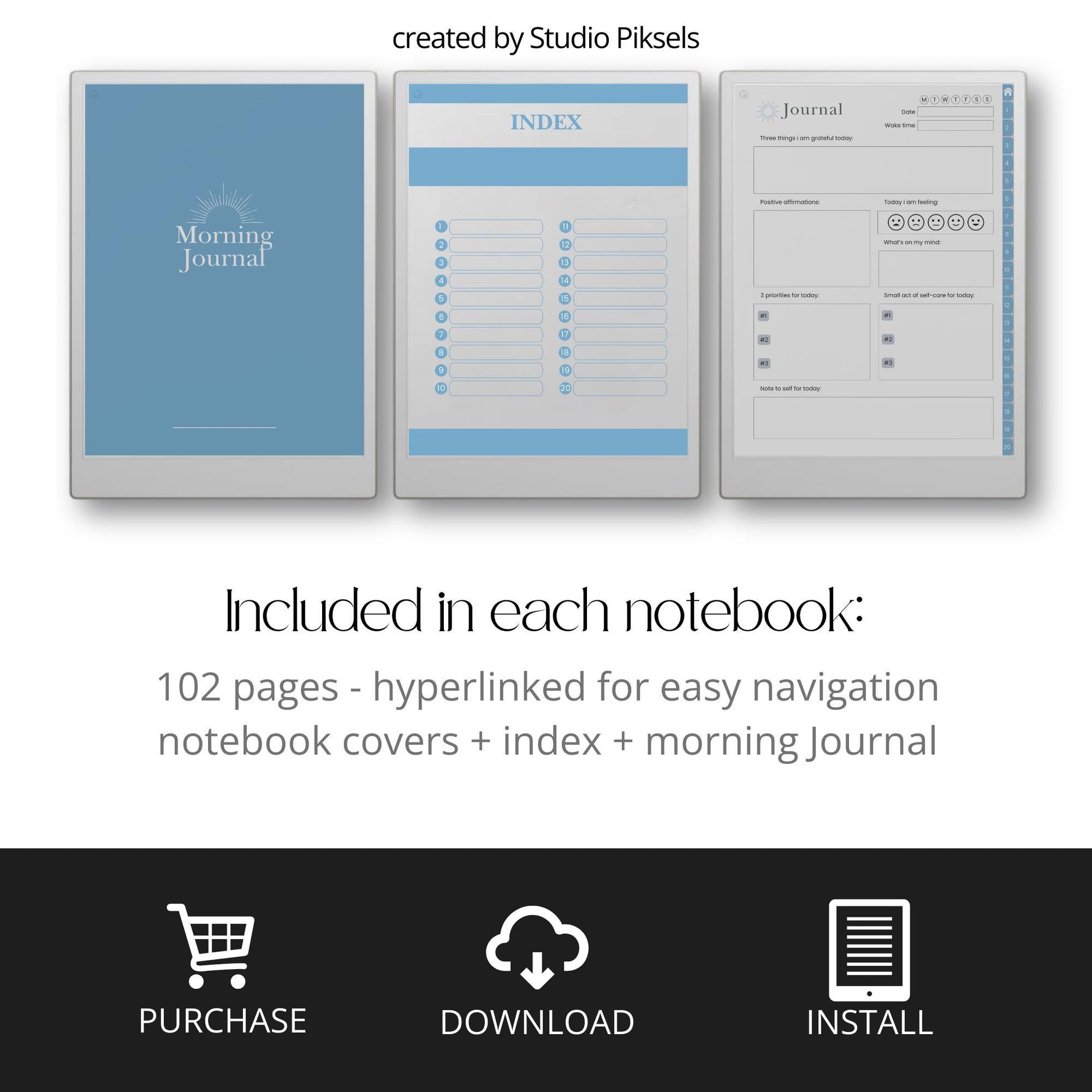 Morning journal bundle for reMarkable Paper Pro with hyperlinked daily reflection pages customizable index and guided gratitude prompts.