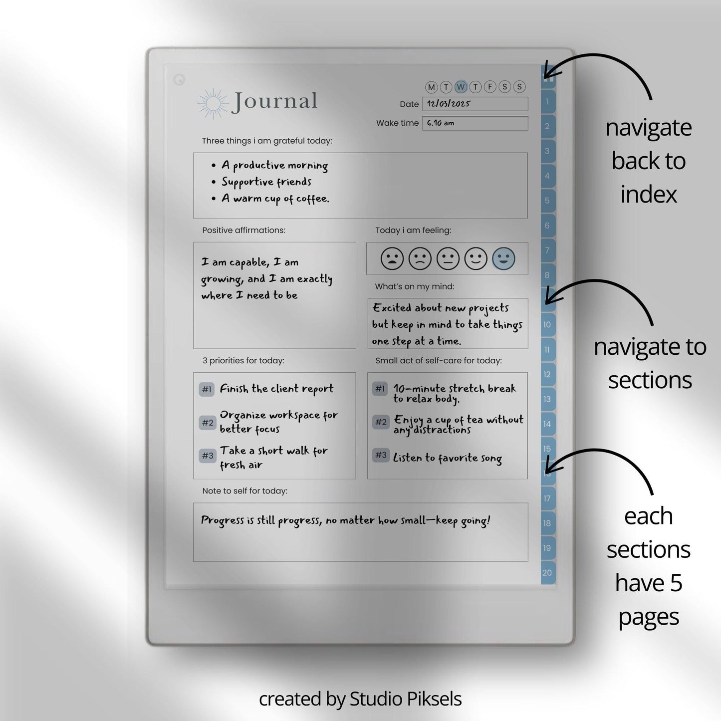 Morning journal bundle for reMarkable Paper Pro with hyperlinked daily reflection pages customizable index and guided gratitude prompts.