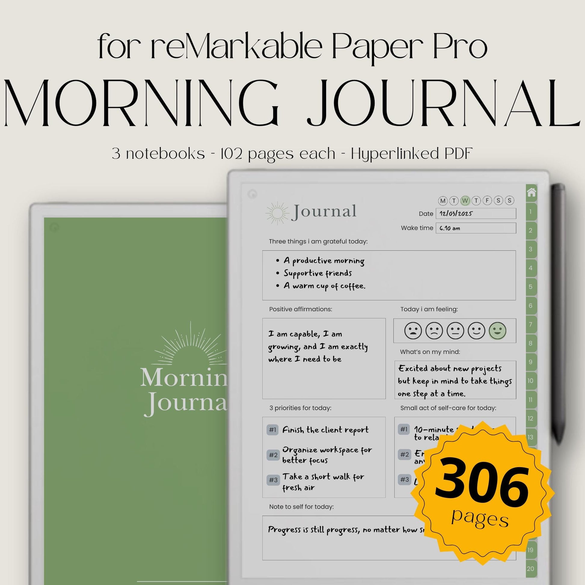 Morning journal bundle for reMarkable Paper Pro with hyperlinked daily reflection pages customizable index and guided gratitude prompts.