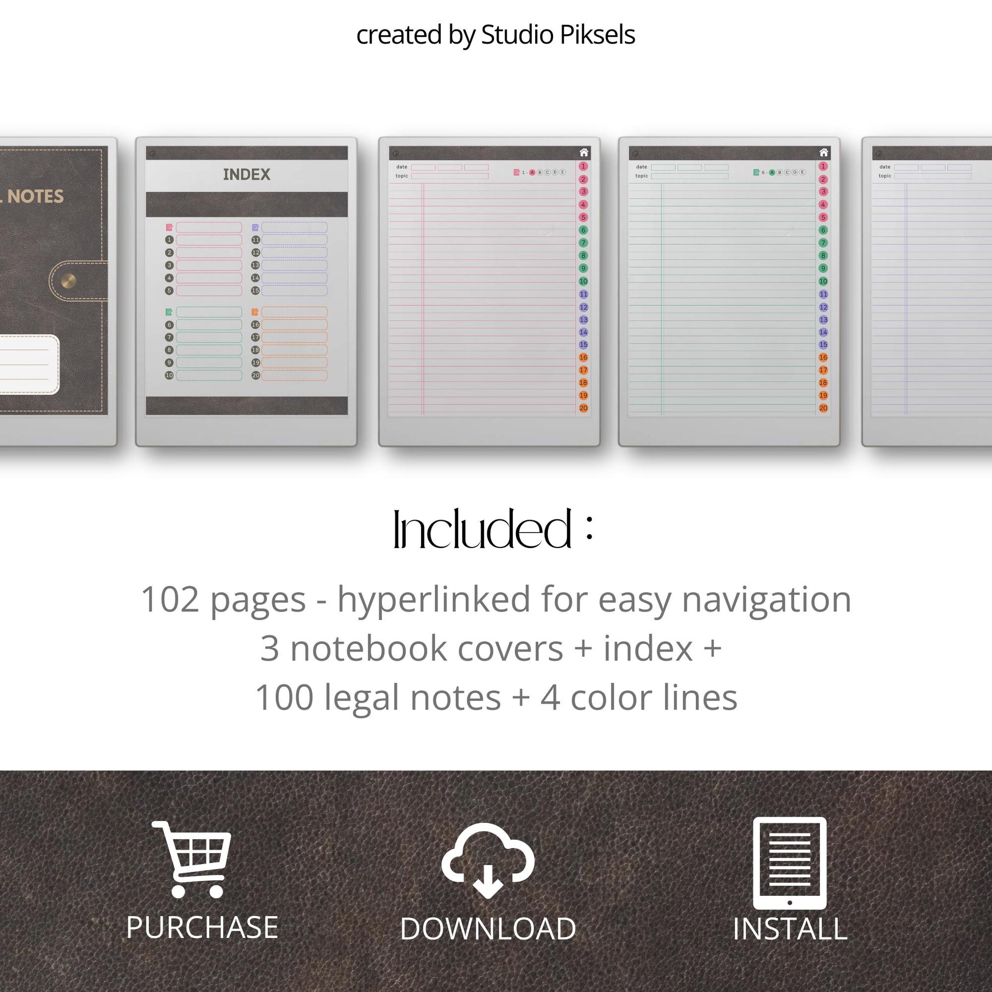 Legal notes bundle for reMarkable Paper Pro with hyperlinked index, leather and denim covers, and color coded lined note pages.