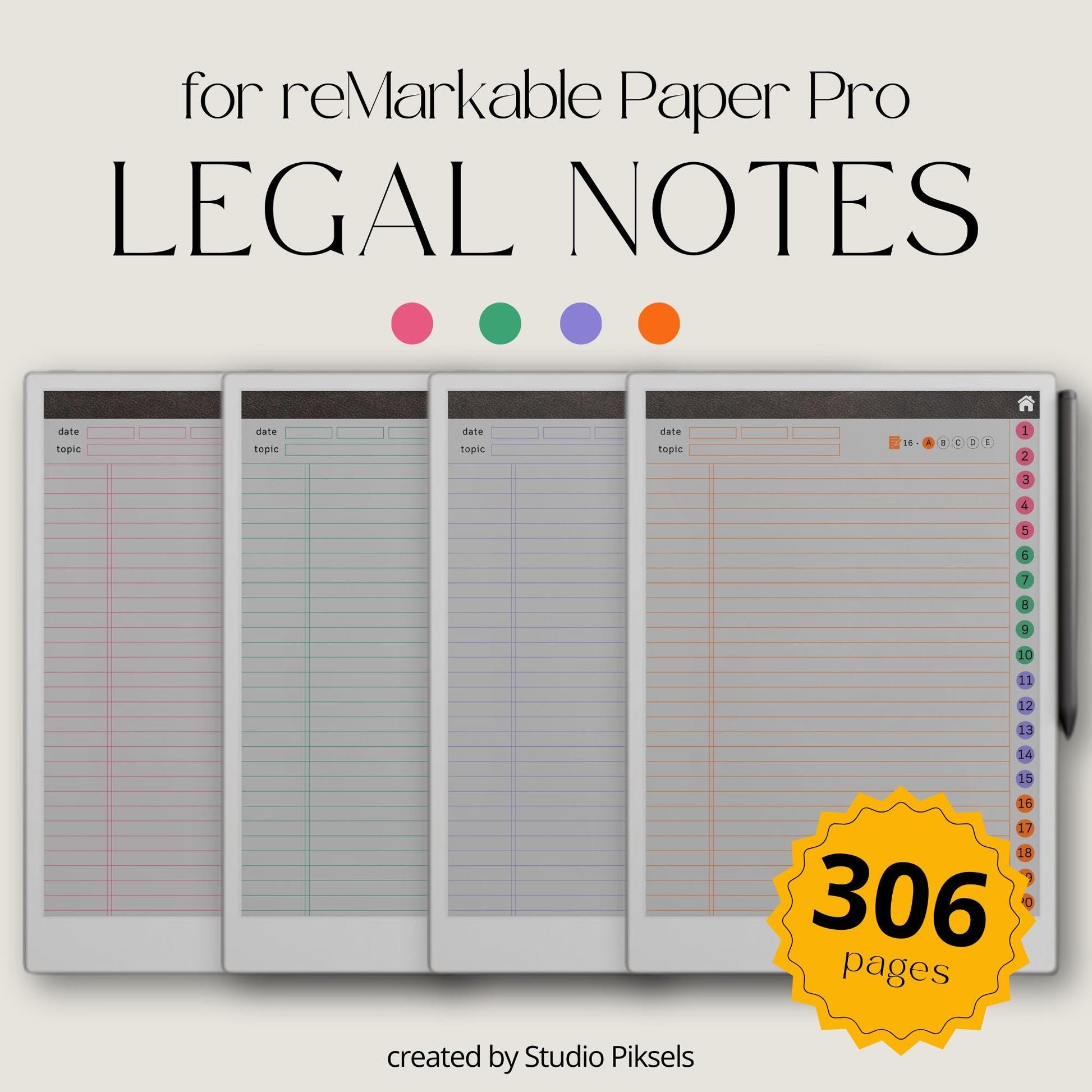 Legal notes bundle for reMarkable Paper Pro with hyperlinked index, leather and denim covers, and color coded lined note pages.