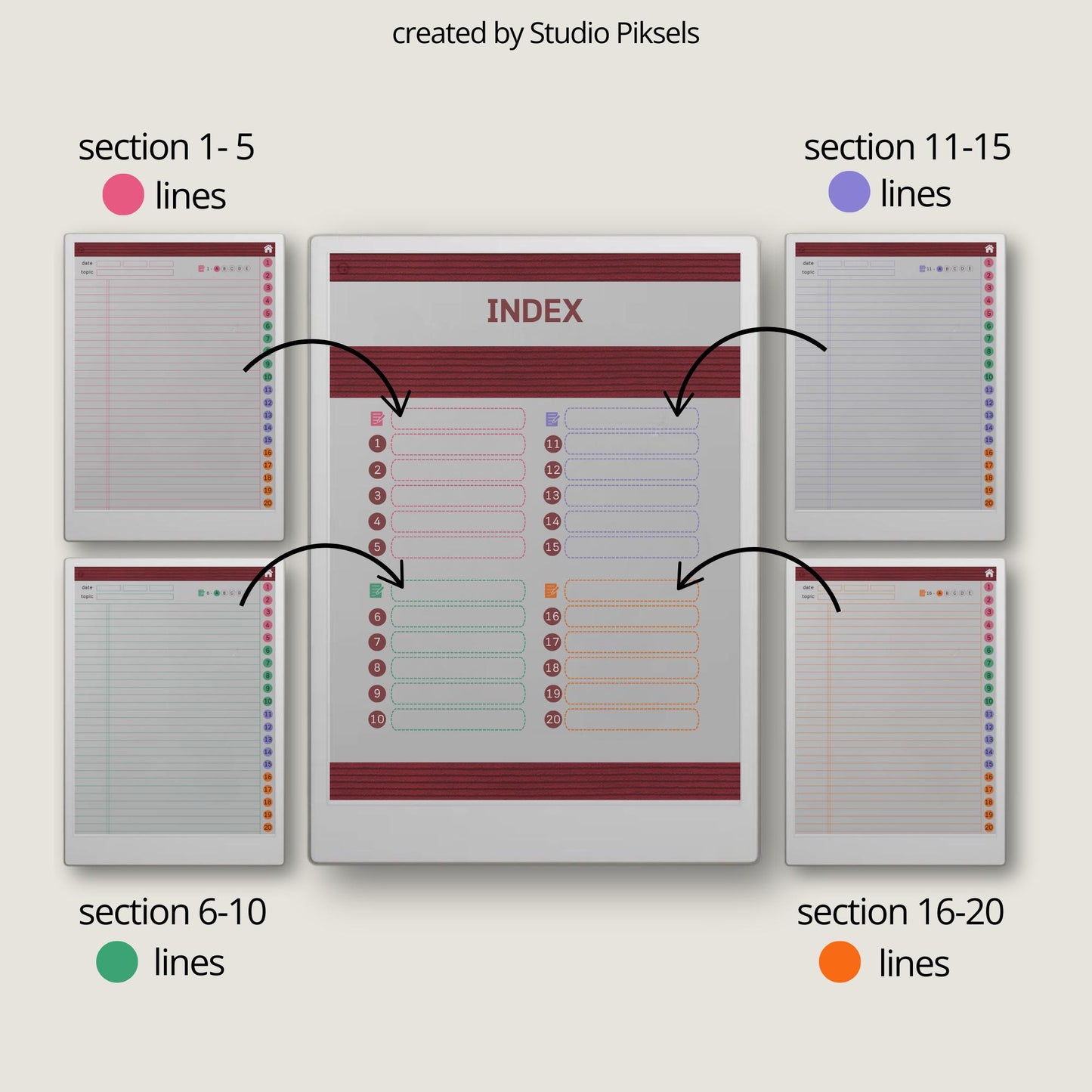 Legal notes bundle for reMarkable Paper Pro with hyperlinked index, leather and denim covers, and color coded lined note pages.