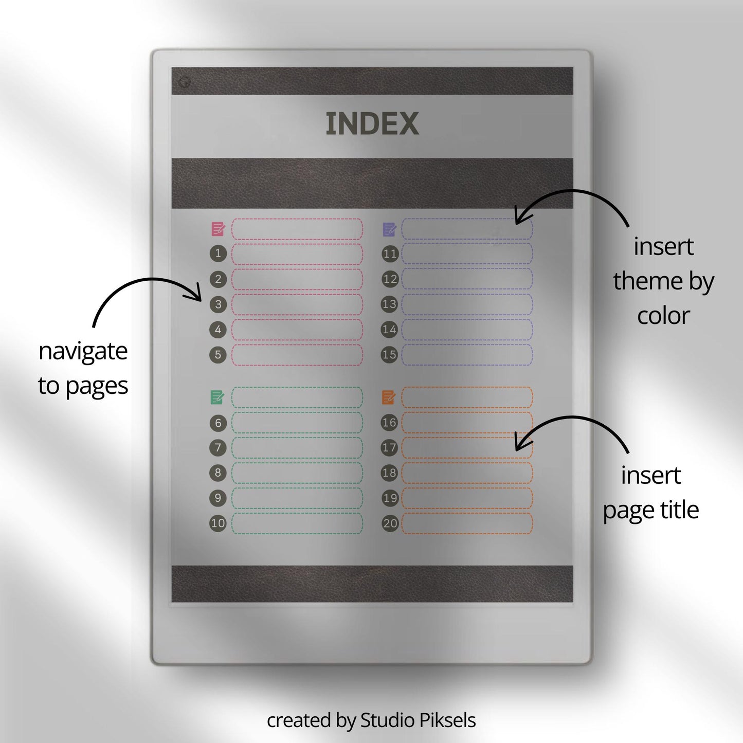 Legal notes bundle for reMarkable Paper Pro with hyperlinked index, leather and denim covers, and color coded lined note pages.