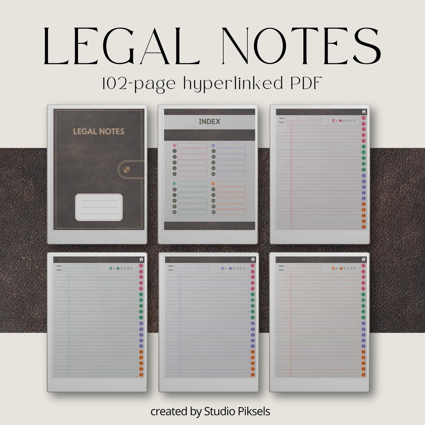 Legal notes bundle for reMarkable Paper Pro with hyperlinked index, leather and denim covers, and color coded lined note pages.