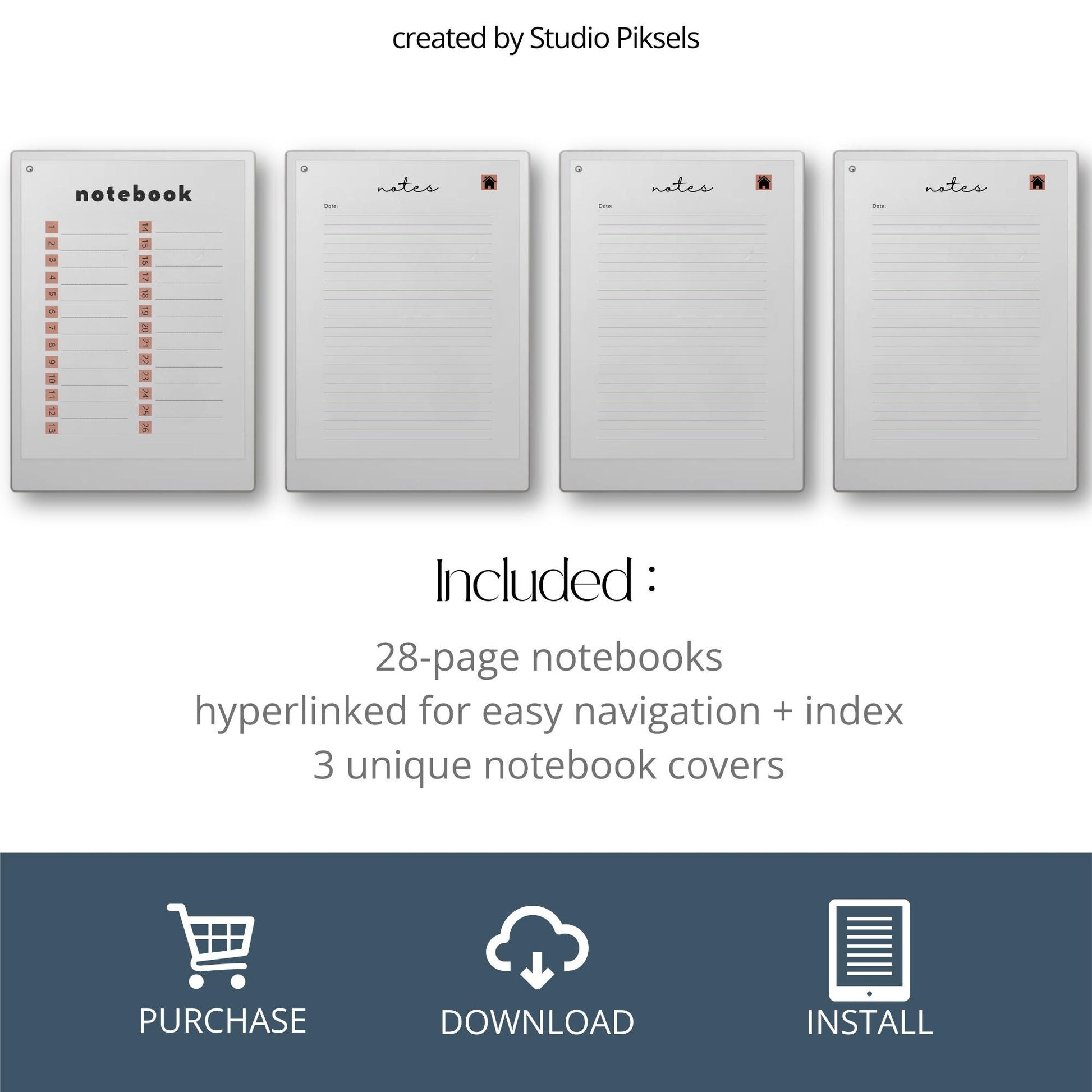 Hyperlinked notebook bundle for reMarkable Paper Pro with three unique cover designs and 28 linked pages for digital note taking and brainstorming.