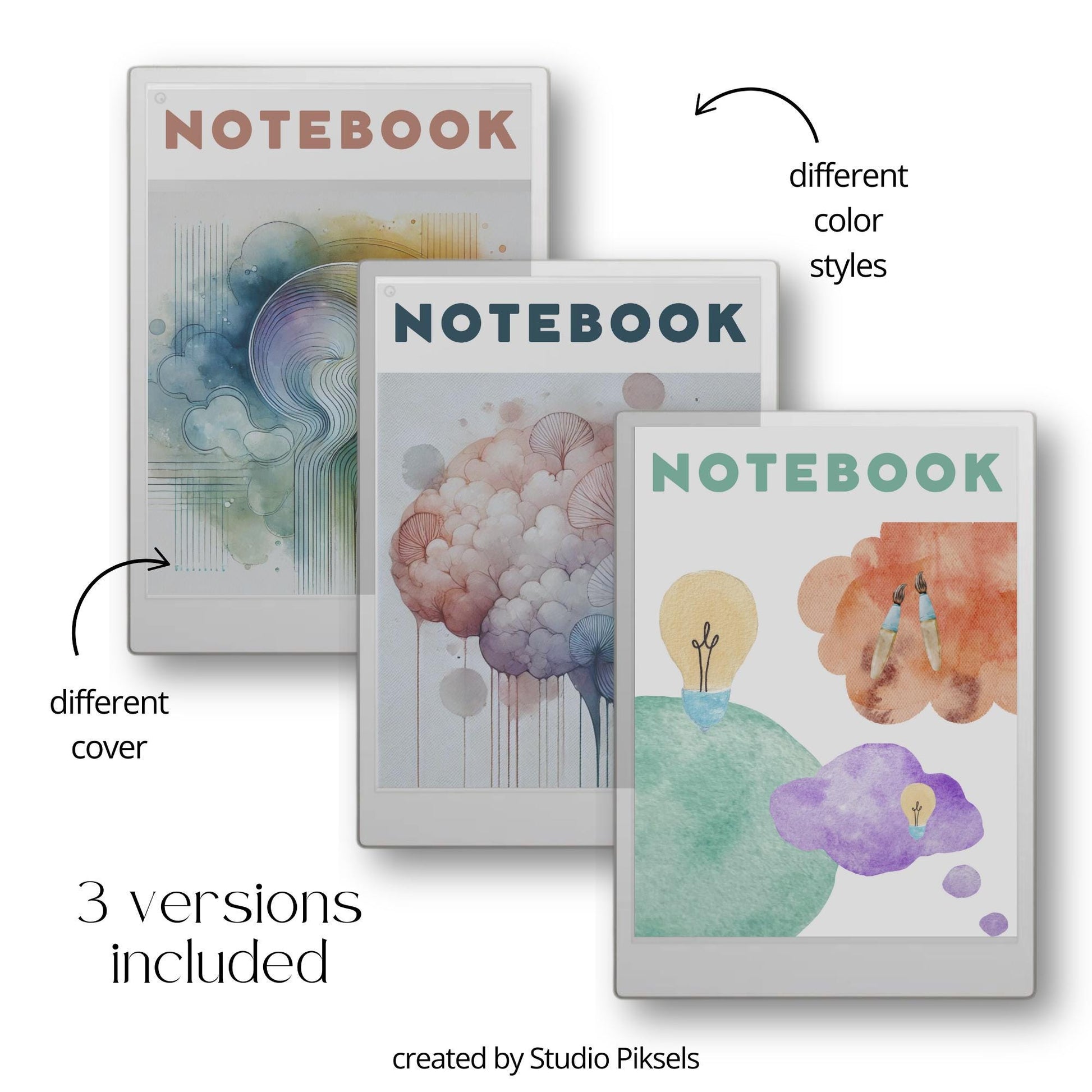 Hyperlinked notebook bundle for reMarkable Paper Pro with three unique cover designs and 28 linked pages for digital note taking and brainstorming.