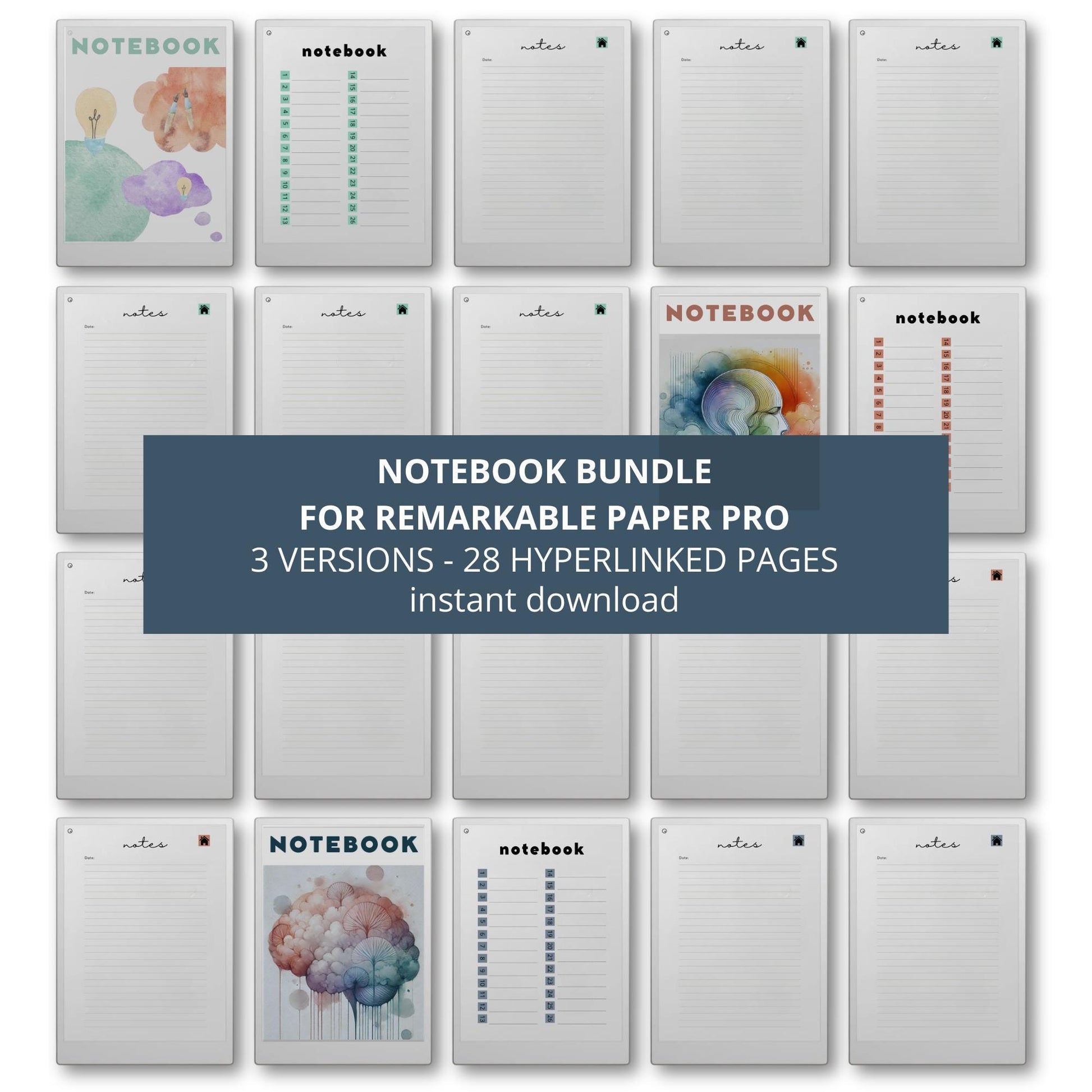 Hyperlinked notebook bundle for reMarkable Paper Pro with three unique cover designs and 28 linked pages for digital note taking and brainstorming.