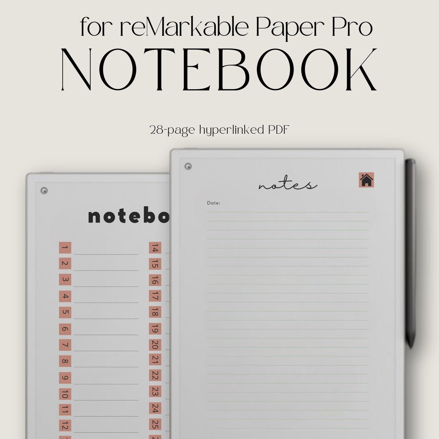 Hyperlinked notebook bundle for reMarkable Paper Pro with three unique cover designs and 28 linked pages for digital note taking and brainstorming.