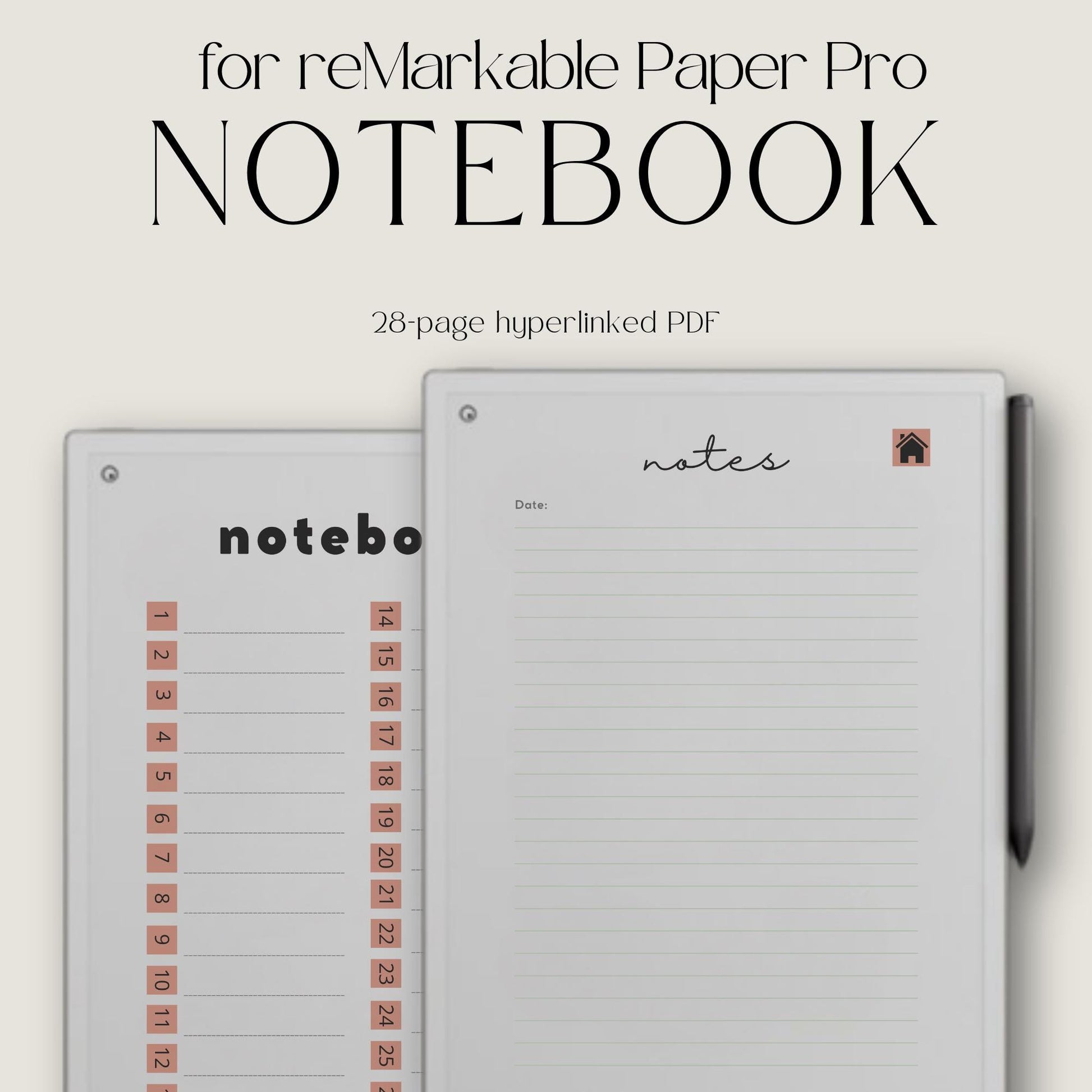 Hyperlinked notebook bundle for reMarkable Paper Pro with three unique cover designs and 28 linked pages for digital note taking and brainstorming.