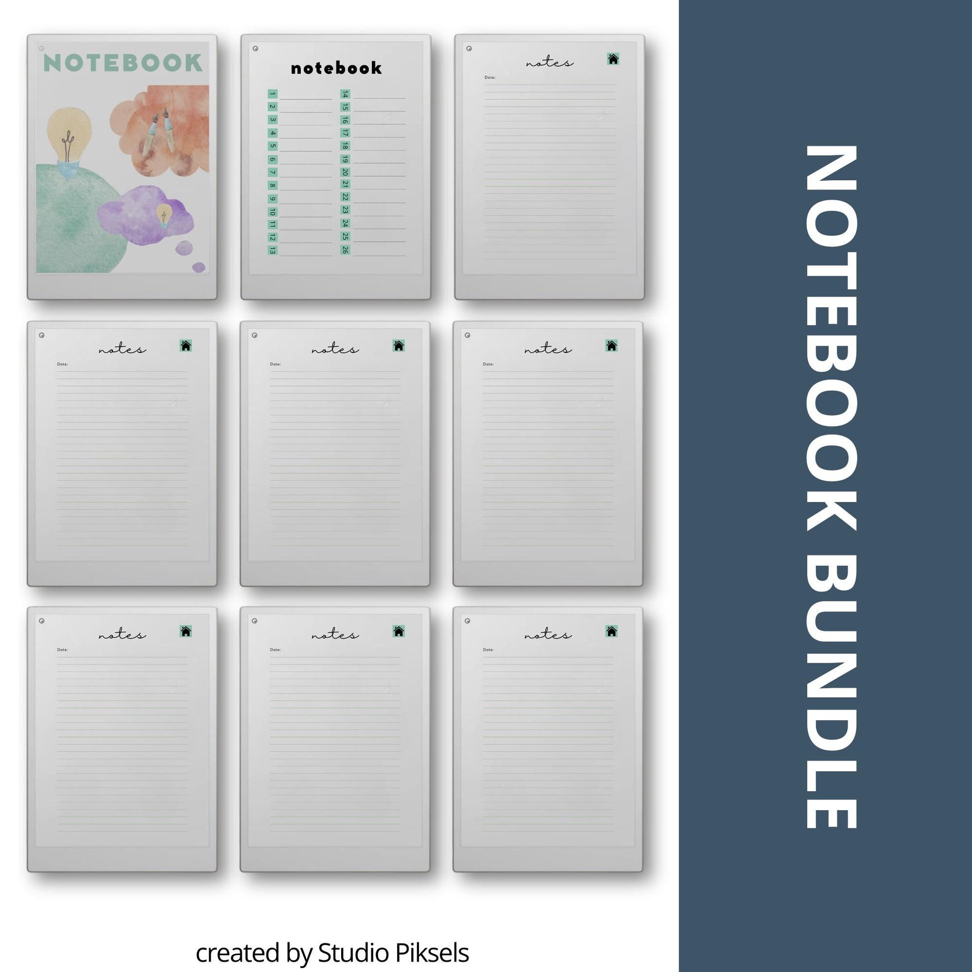 Hyperlinked notebook bundle for reMarkable Paper Pro with three unique cover designs and 28 linked pages for digital note taking and brainstorming.