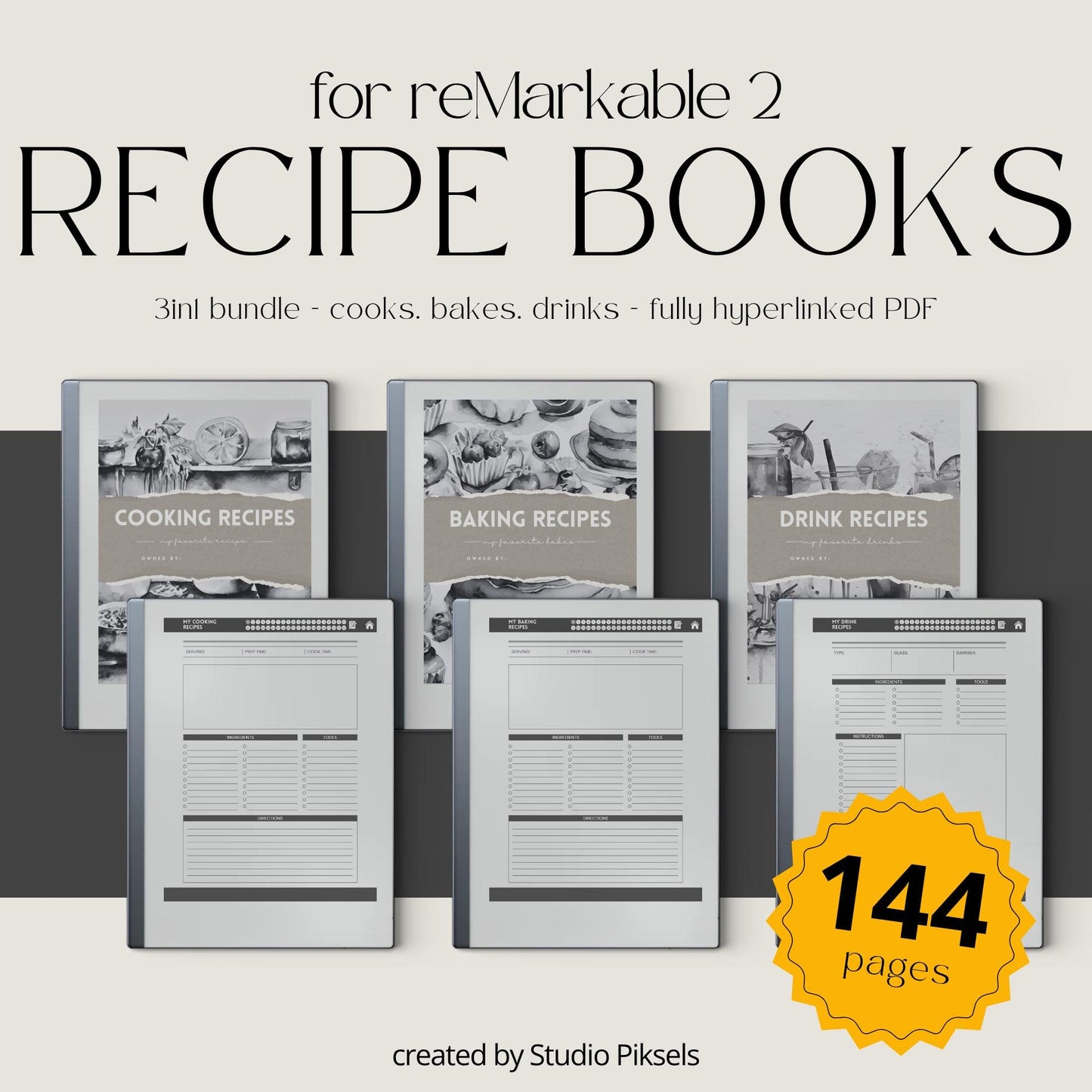 Recipe Book Collection for reMarkable 2 and reMarkable Paper Pure featuring hyperlinked cooking, baking, and drink recipe notebooks with reusable digital recipe templates and minimalist monochrome covers