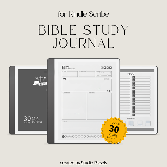 30-Day Bible Study Journal for Kindle Scribe featuring daily SOAP Bible study, devotional journal pages, prayer notes, and monochrome hyperlinked PDF layouts.