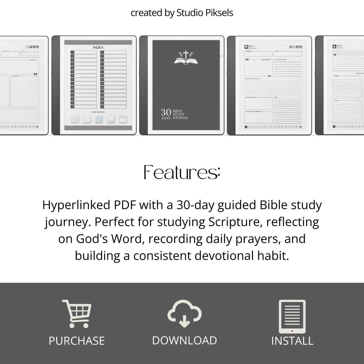 30-Day Bible Study Journal for Kindle Scribe featuring daily SOAP Bible study, devotional journal pages, prayer notes, and monochrome hyperlinked PDF layouts.