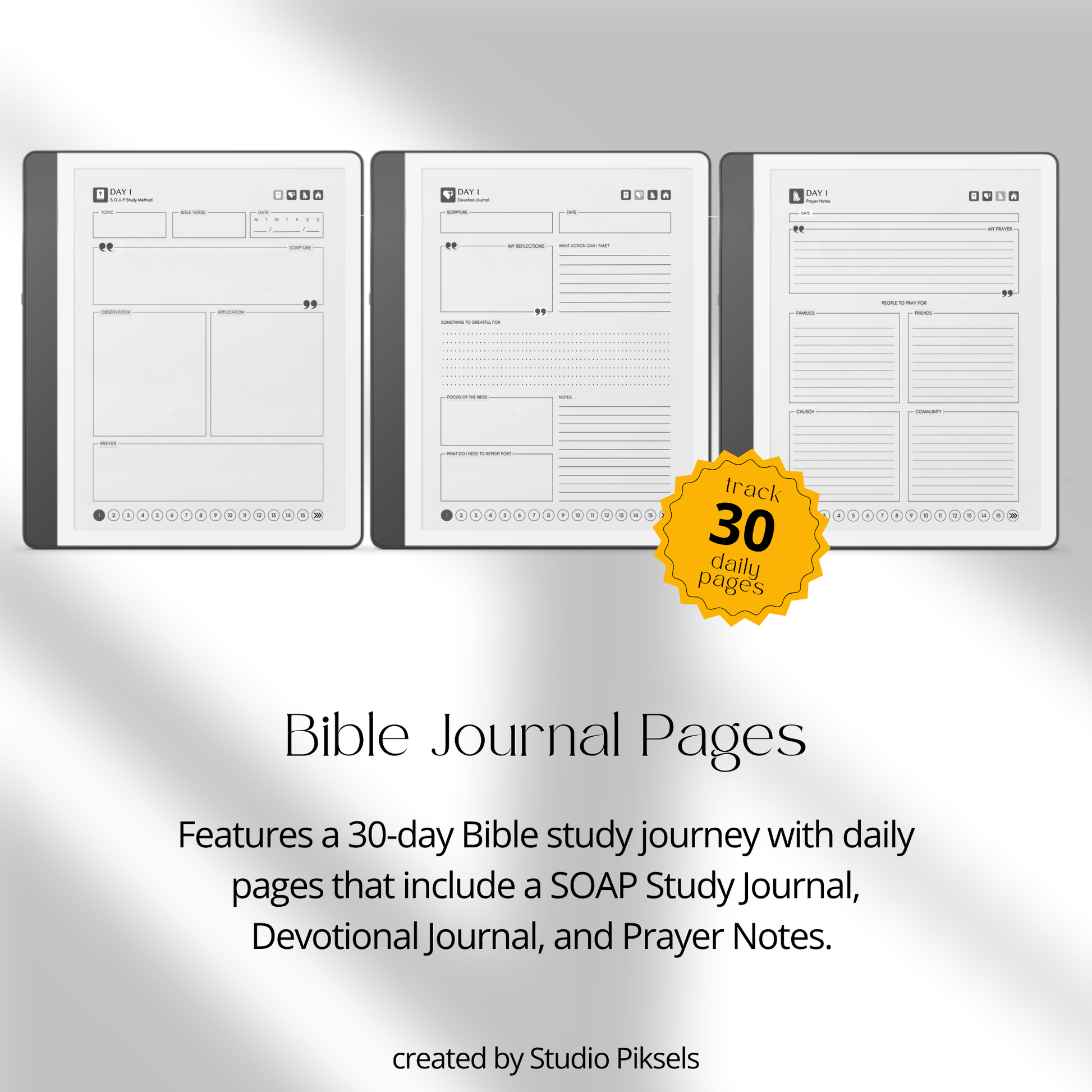 30-Day Bible Study Journal for Kindle Scribe featuring daily SOAP Bible study, devotional journal pages, prayer notes, and monochrome hyperlinked PDF layouts.