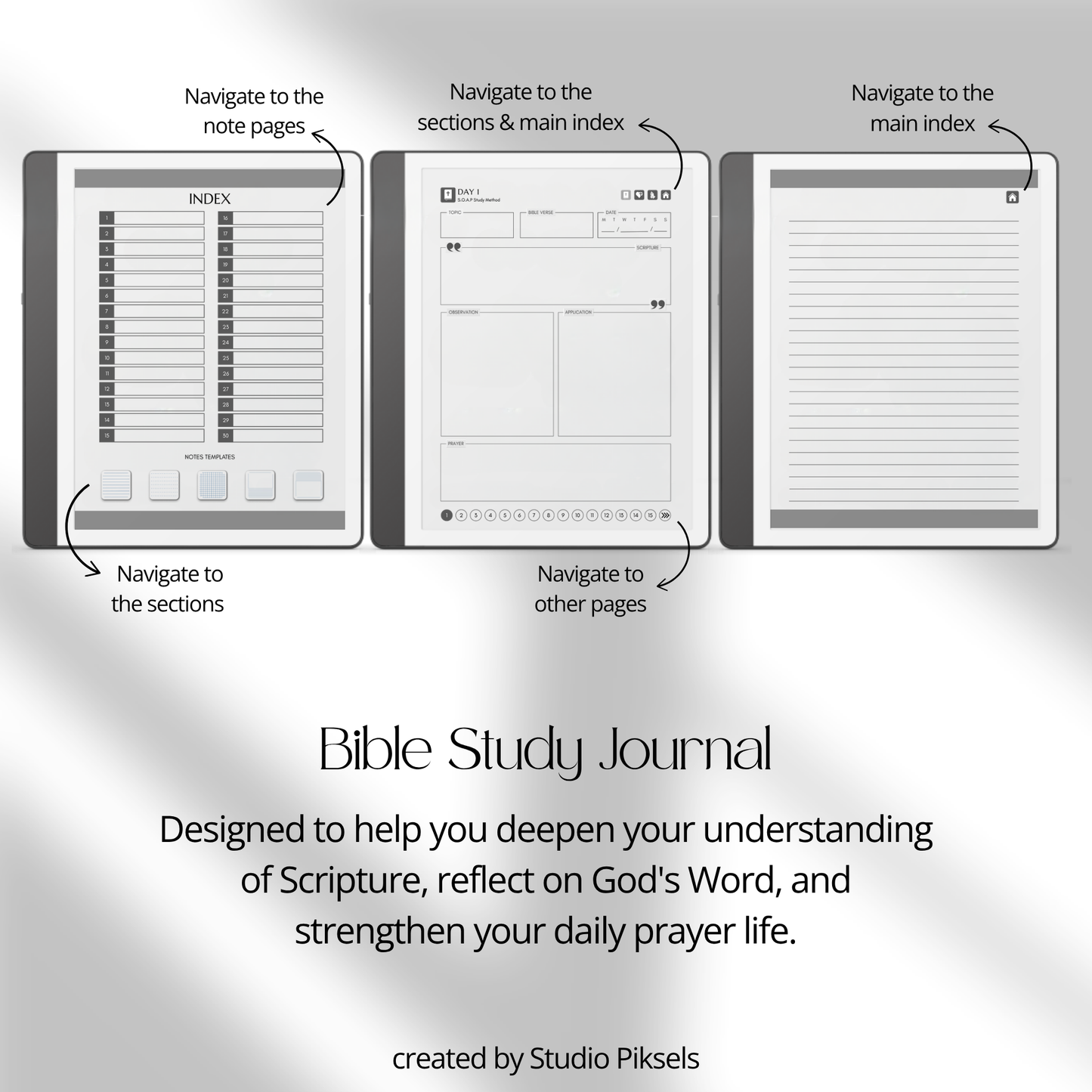 30-Day Bible Study Journal for Kindle Scribe featuring daily SOAP Bible study, devotional journal pages, prayer notes, and monochrome hyperlinked PDF layouts.