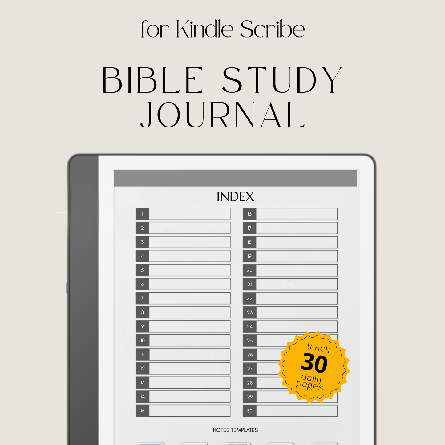 30-Day Bible Study Journal for Kindle Scribe featuring daily SOAP Bible study, devotional journal pages, prayer notes, and monochrome hyperlinked PDF layouts.