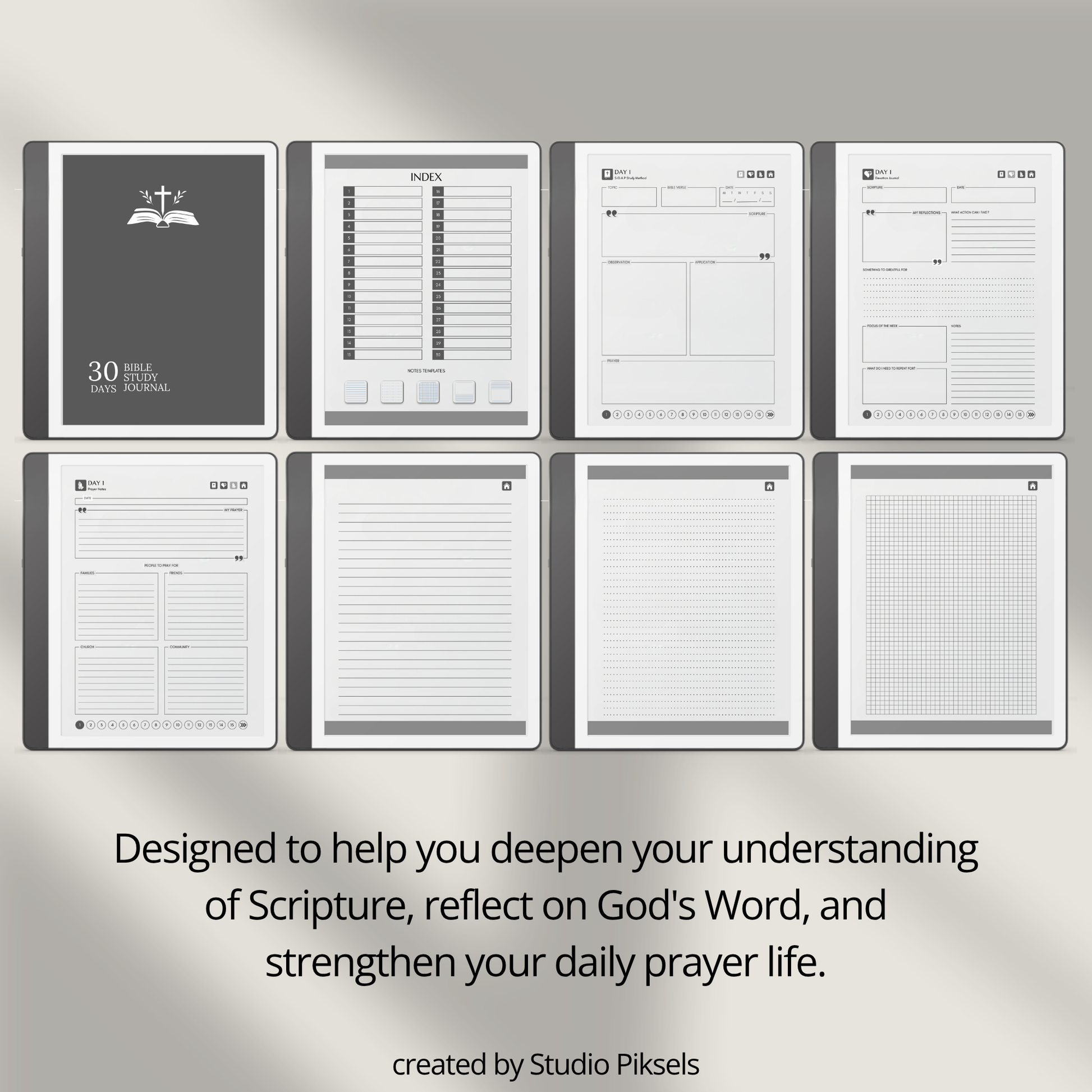 30-Day Bible Study Journal for Kindle Scribe featuring daily SOAP Bible study, devotional journal pages, prayer notes, and monochrome hyperlinked PDF layouts.