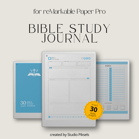 30-Day Bible Study Journal for reMarkable Paper Pro featuring daily SOAP Bible study, devotional journal pages, prayer notes, and hyperlinked PDF navigation.