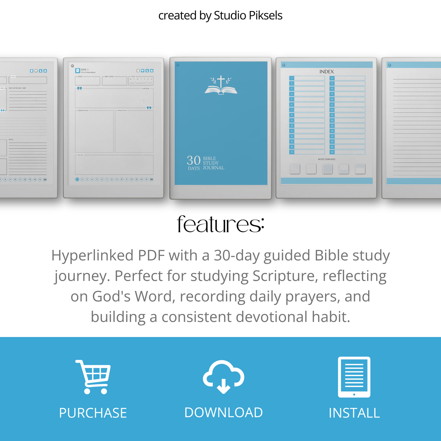 30-Day Bible Study Journal for reMarkable Paper Pro featuring daily SOAP Bible study, devotional journal pages, prayer notes, and hyperlinked PDF navigation.