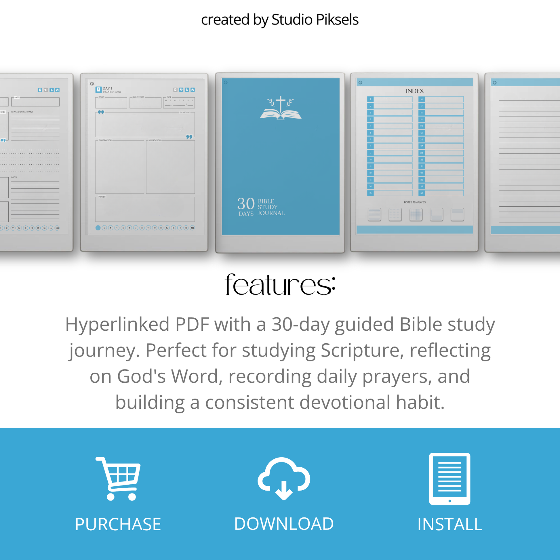 30-Day Bible Study Journal for reMarkable Paper Pro featuring daily SOAP Bible study, devotional journal pages, prayer notes, and hyperlinked PDF navigation.