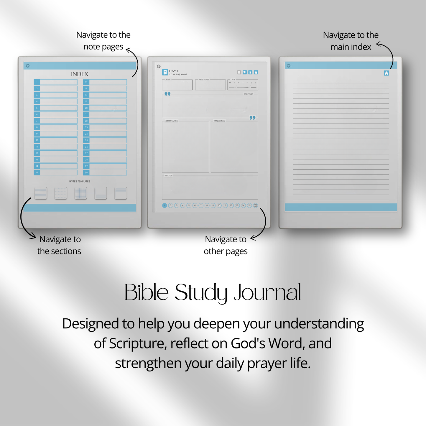 30-Day Bible Study Journal for reMarkable Paper Pro featuring daily SOAP Bible study, devotional journal pages, prayer notes, and hyperlinked PDF navigation.