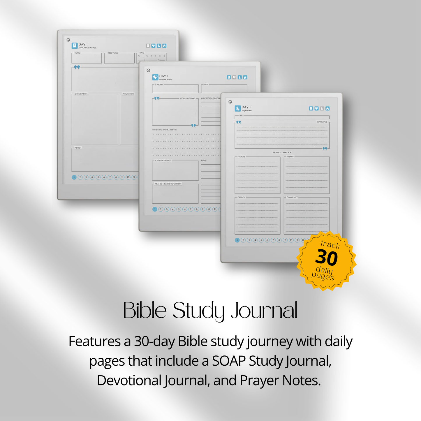 30-Day Bible Study Journal for reMarkable Paper Pro featuring daily SOAP Bible study, devotional journal pages, prayer notes, and hyperlinked PDF navigation.
