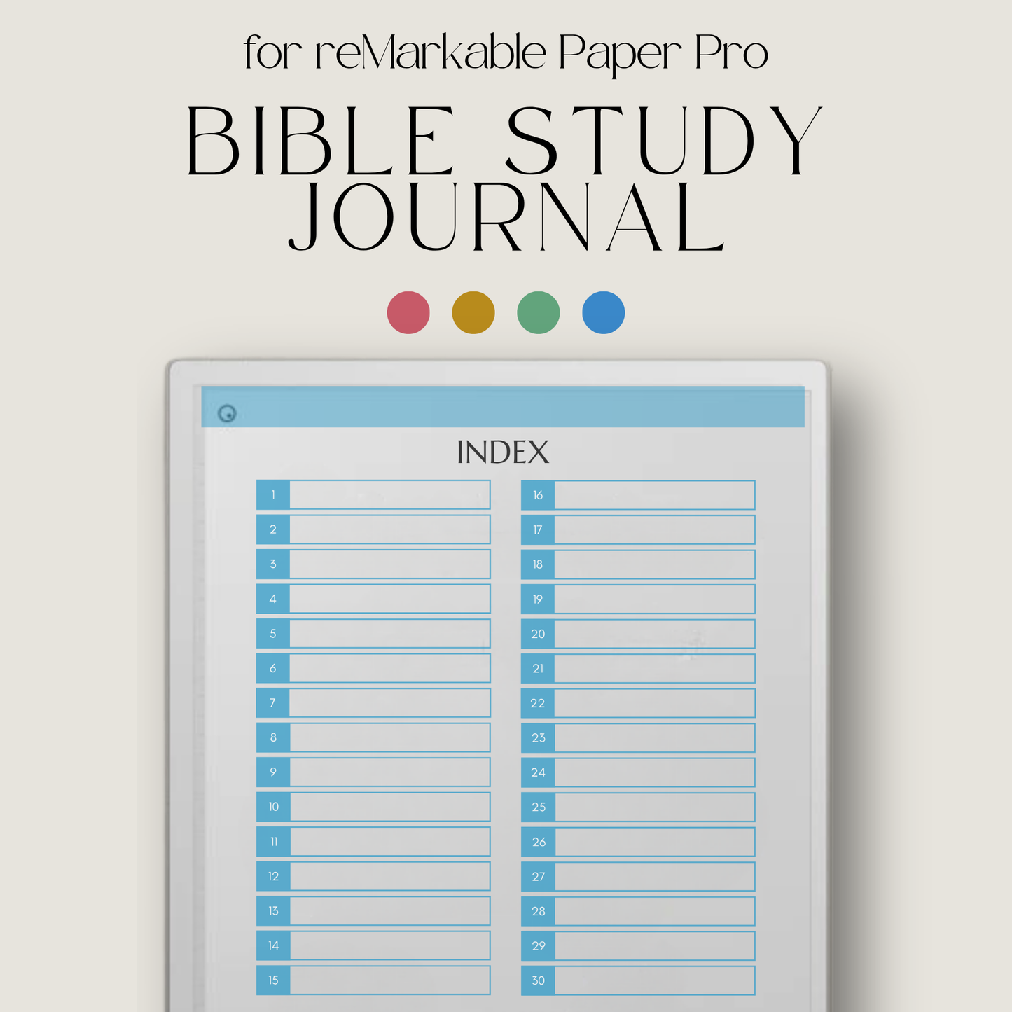 30-Day Bible Study Journal for reMarkable Paper Pro featuring daily SOAP Bible study, devotional journal pages, prayer notes, and hyperlinked PDF navigation.