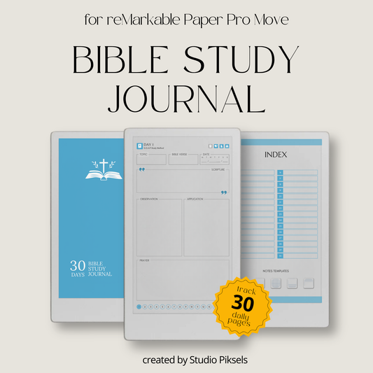 30-Day Bible Study Journal for reMarkable Paper Pro Move featuring daily SOAP Bible study, devotional journal pages, prayer notes, and hyperlinked PDF navigation.