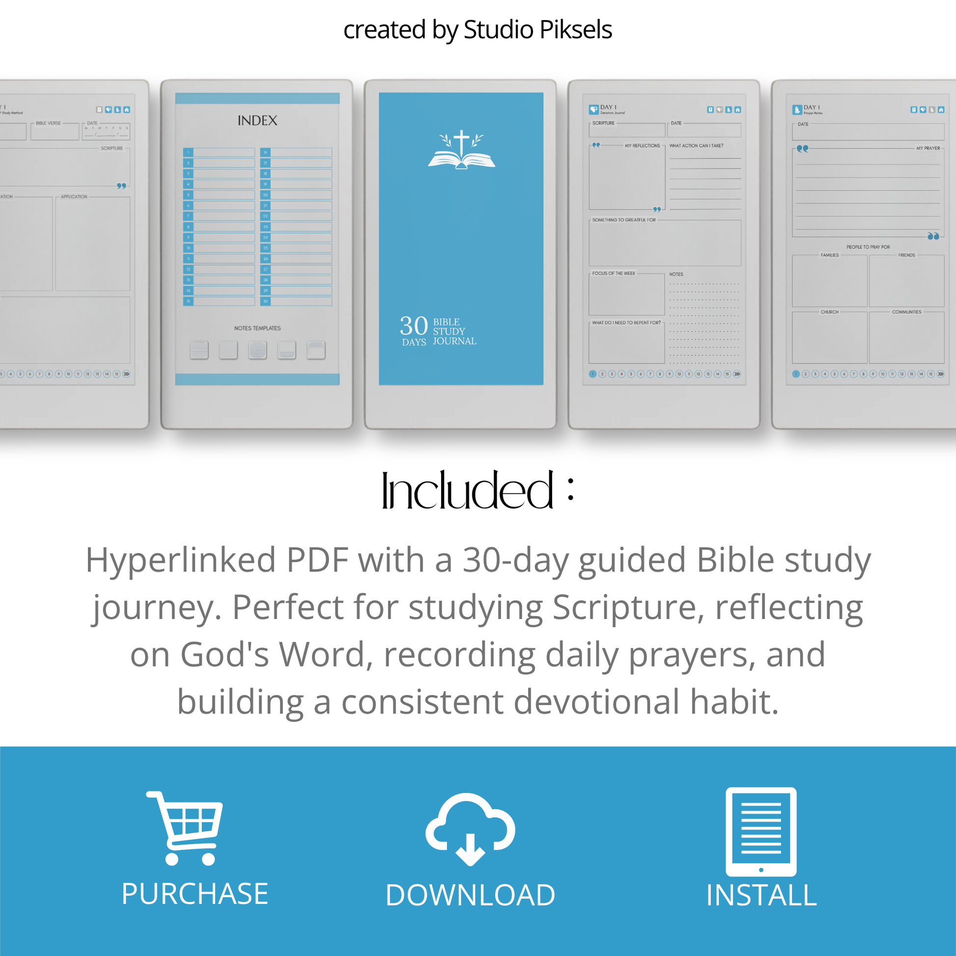 30-Day Bible Study Journal for reMarkable Paper Pro Move featuring daily SOAP Bible study, devotional journal pages, prayer notes, and hyperlinked PDF navigation.