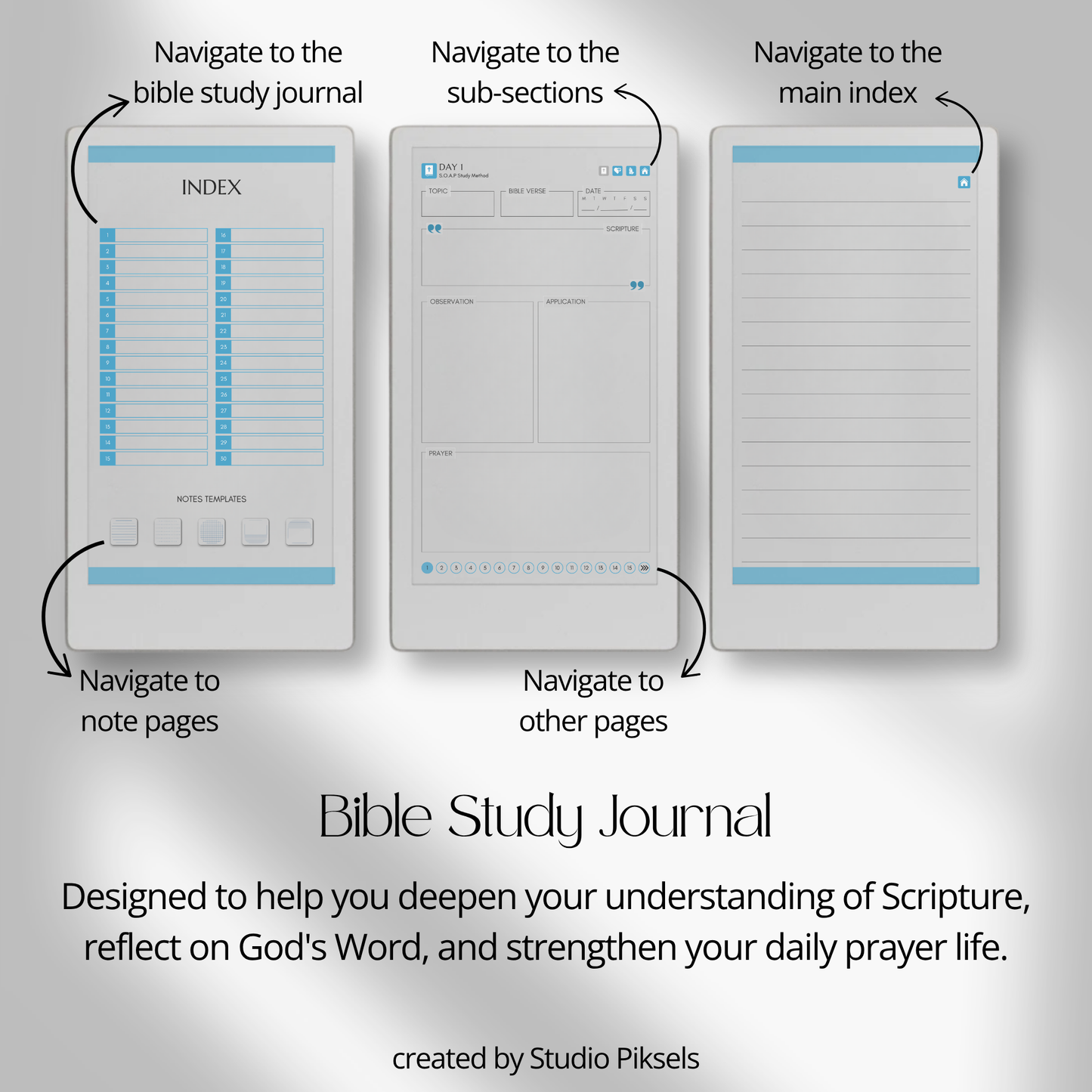 30-Day Bible Study Journal for reMarkable Paper Pro Move featuring daily SOAP Bible study, devotional journal pages, prayer notes, and hyperlinked PDF navigation.