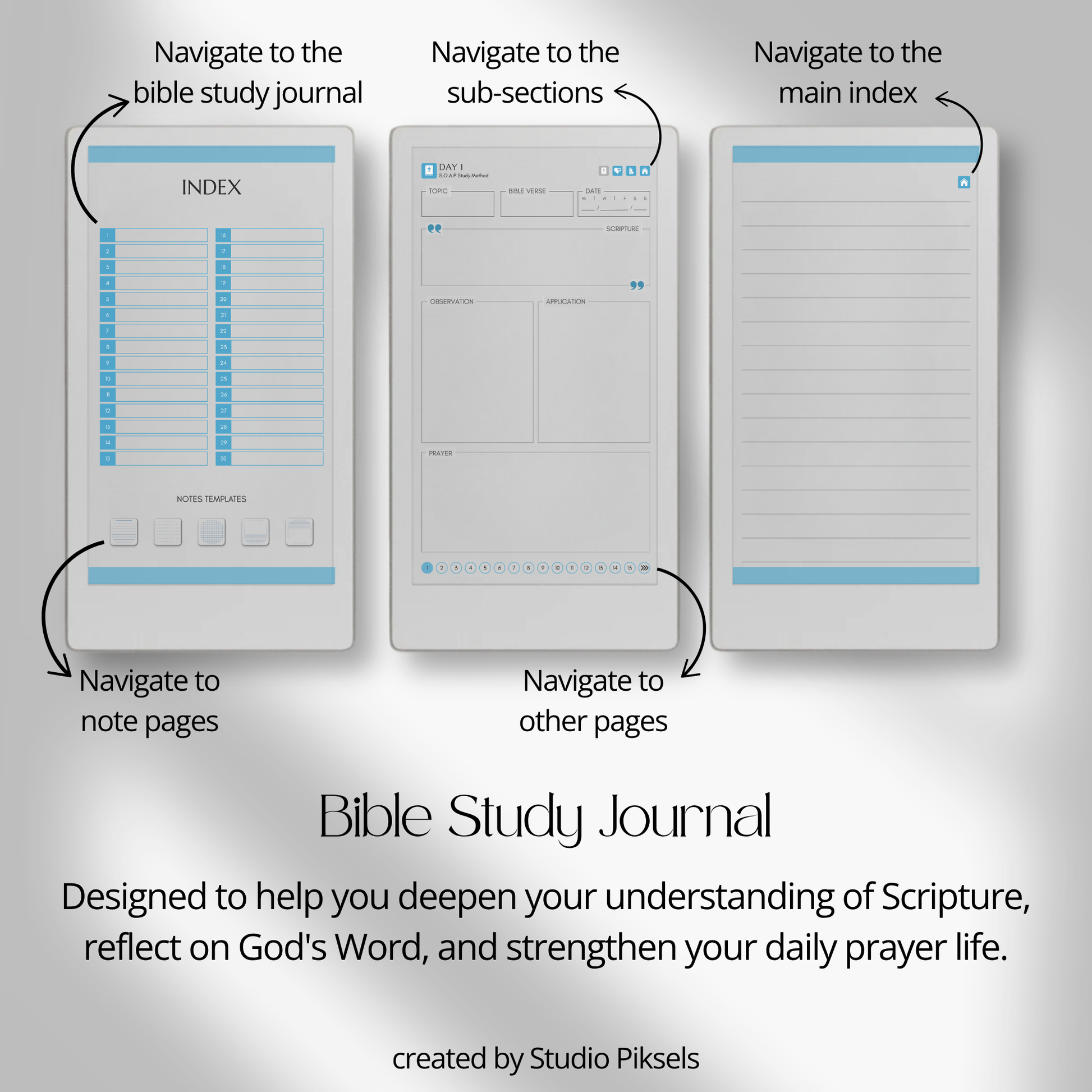30-Day Bible Study Journal for reMarkable Paper Pro Move featuring daily SOAP Bible study, devotional journal pages, prayer notes, and hyperlinked PDF navigation.