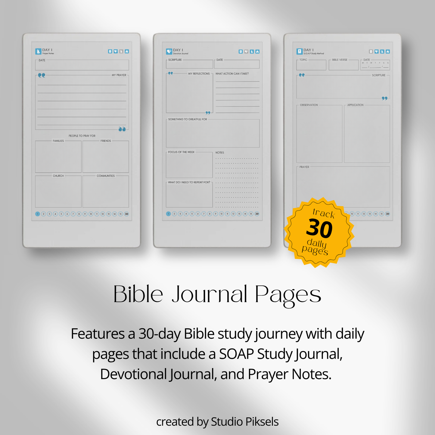 30-Day Bible Study Journal for reMarkable Paper Pro Move featuring daily SOAP Bible study, devotional journal pages, prayer notes, and hyperlinked PDF navigation.