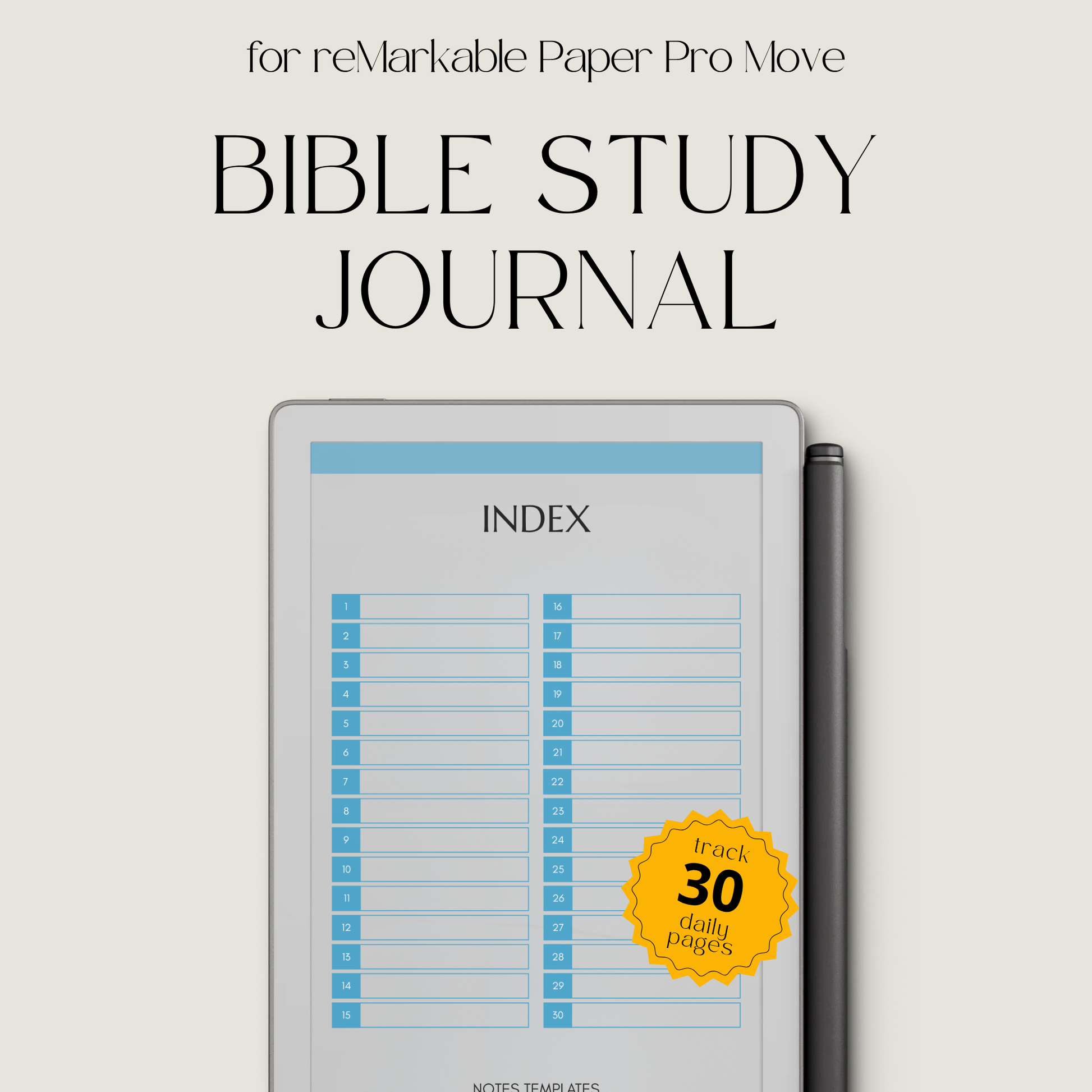 30-Day Bible Study Journal for reMarkable Paper Pro Move featuring daily SOAP Bible study, devotional journal pages, prayer notes, and hyperlinked PDF navigation.