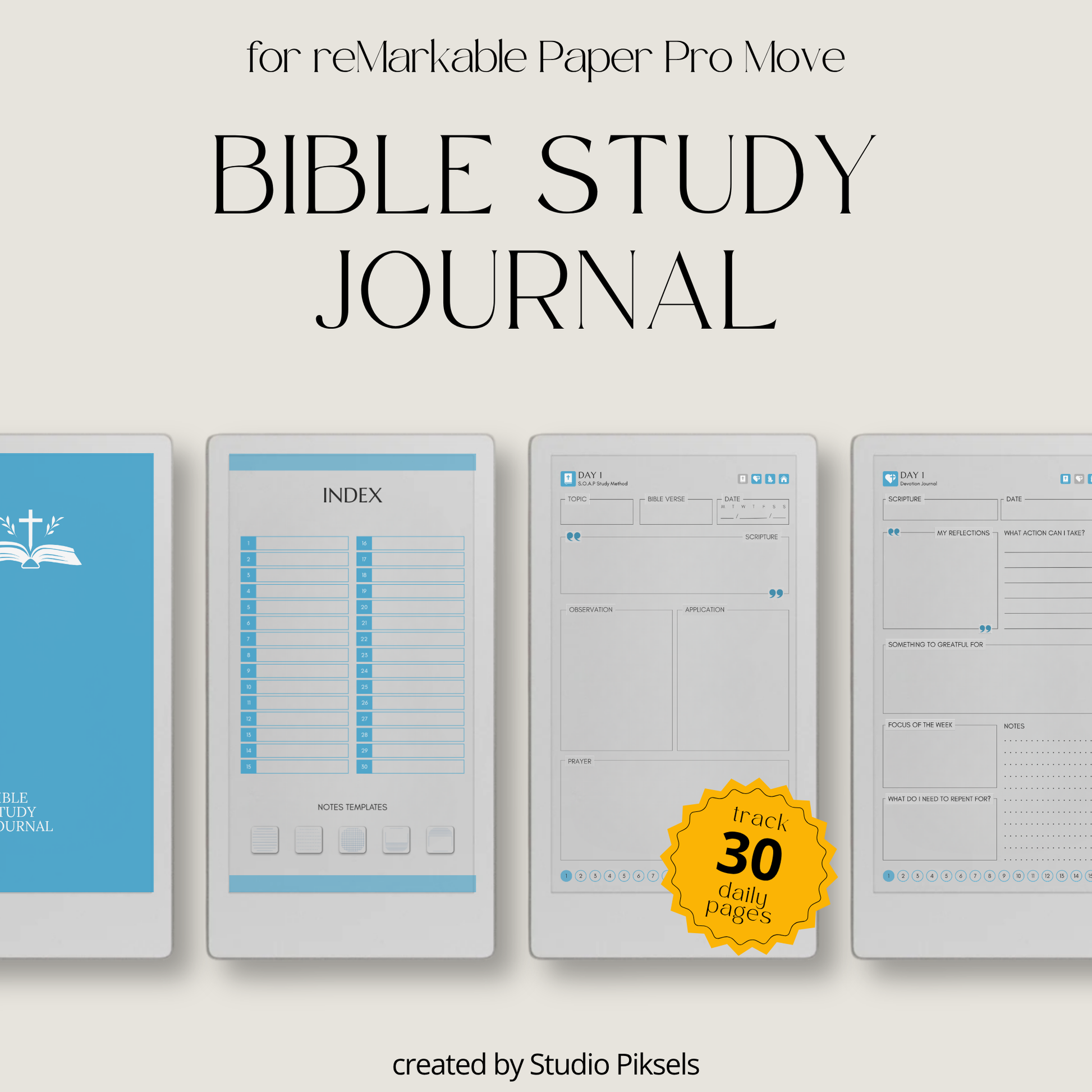 30-Day Bible Study Journal for reMarkable Paper Pro Move featuring daily SOAP Bible study, devotional journal pages, prayer notes, and hyperlinked PDF navigation.