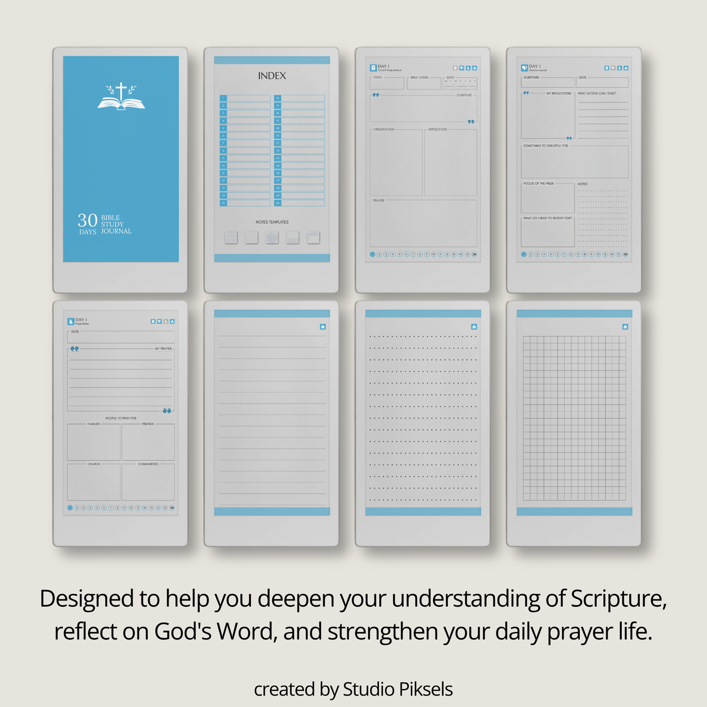 30-Day Bible Study Journal for reMarkable Paper Pro Move featuring daily SOAP Bible study, devotional journal pages, prayer notes, and hyperlinked PDF navigation.