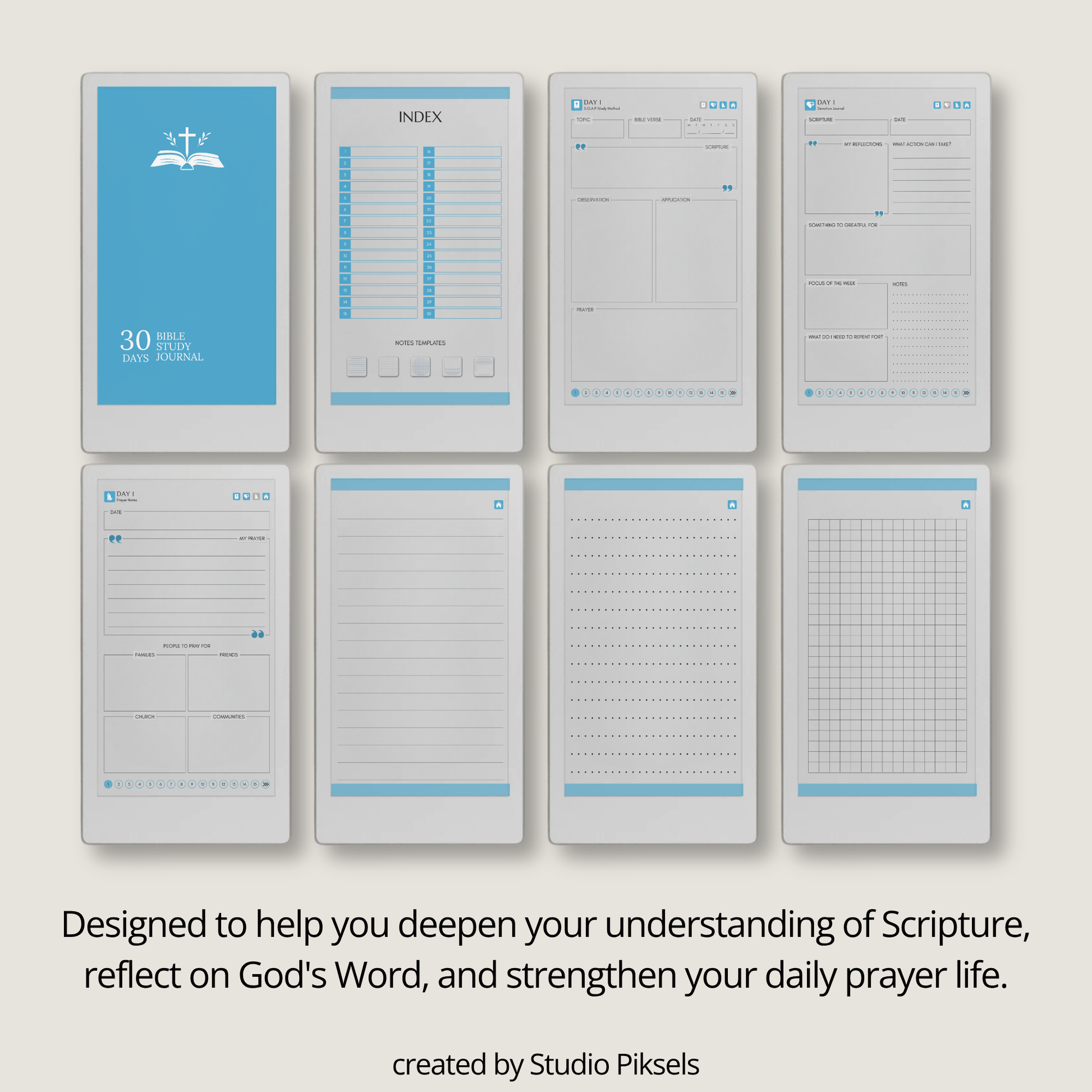 30-Day Bible Study Journal for reMarkable Paper Pro Move featuring daily SOAP Bible study, devotional journal pages, prayer notes, and hyperlinked PDF navigation.