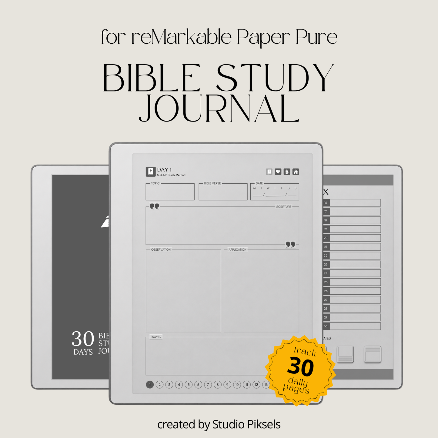 30-Day Bible Study Journal for reMarkable 2 and reMarkable Paper Pure featuring daily SOAP Bible study, devotional journal pages, prayer notes, and monochrome hyperlinked PDF layouts.