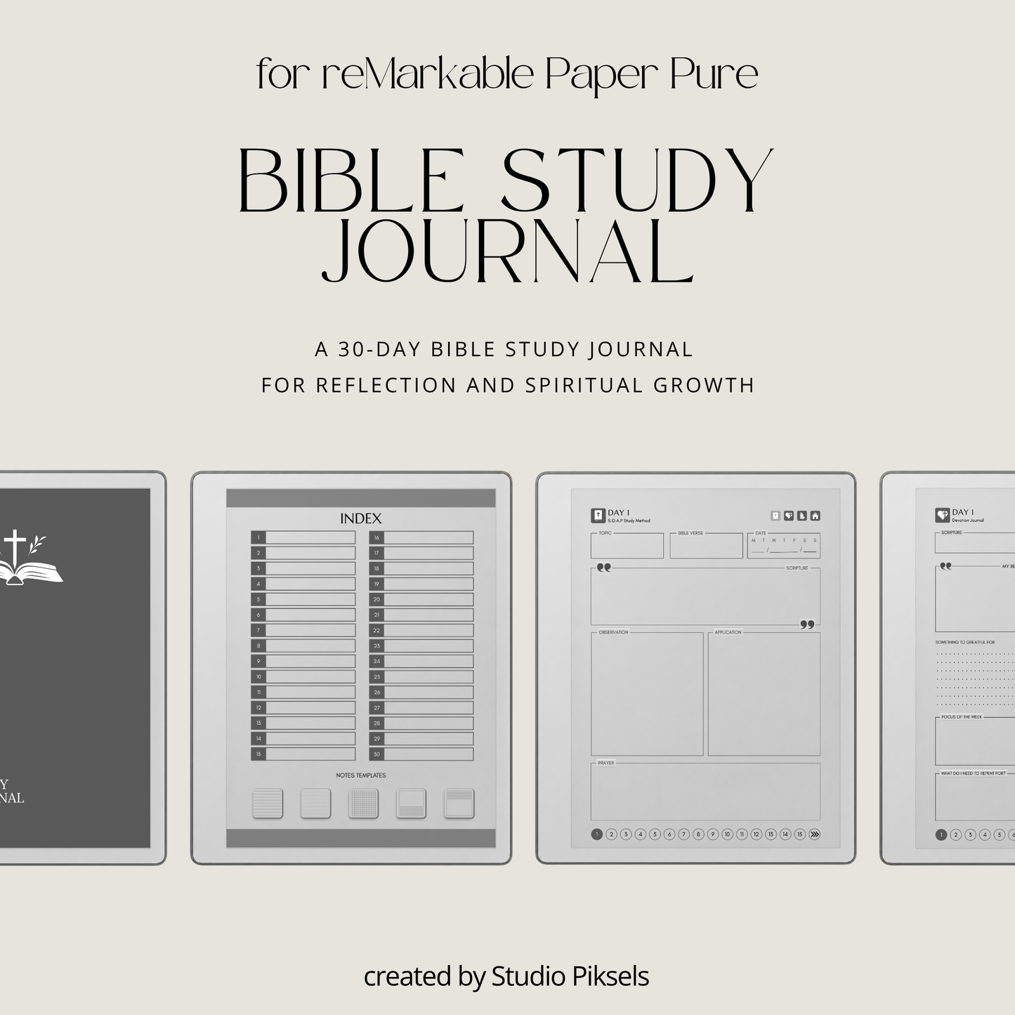 30-Day Bible Study Journal for reMarkable 2 and reMarkable Paper Pure featuring daily SOAP Bible study, devotional journal pages, prayer notes, and monochrome hyperlinked PDF layouts.