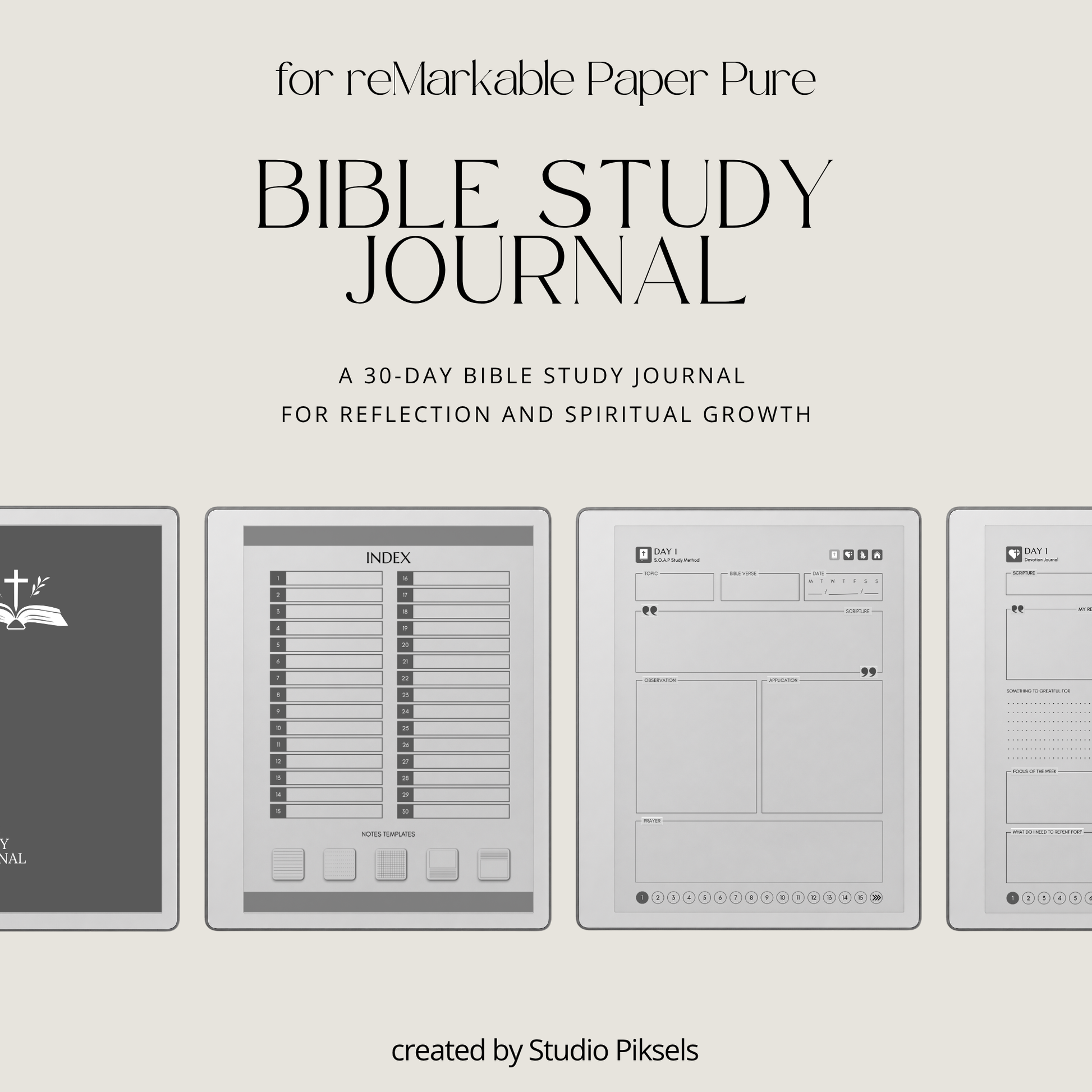 30-Day Bible Study Journal for reMarkable 2 and reMarkable Paper Pure featuring daily SOAP Bible study, devotional journal pages, prayer notes, and monochrome hyperlinked PDF layouts.