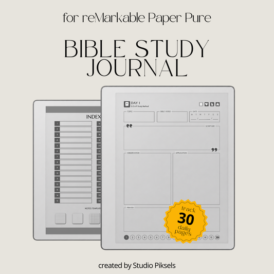 30-Day Bible Study Journal for reMarkable 2 and reMarkable Paper Pure featuring daily SOAP Bible study, devotional journal pages, prayer notes, and monochrome hyperlinked PDF layouts.