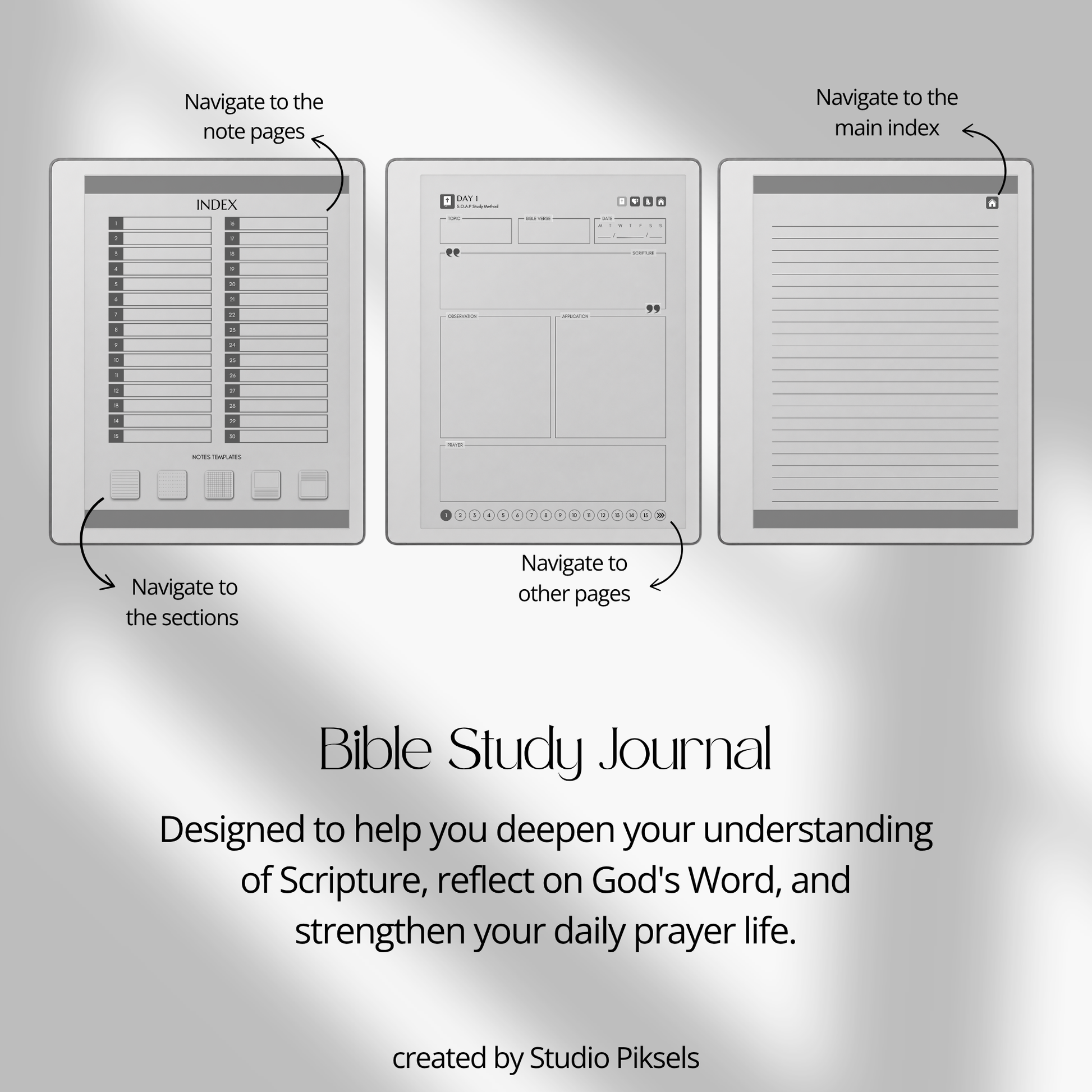 30-Day Bible Study Journal for reMarkable 2 and reMarkable Paper Pure featuring daily SOAP Bible study, devotional journal pages, prayer notes, and monochrome hyperlinked PDF layouts.