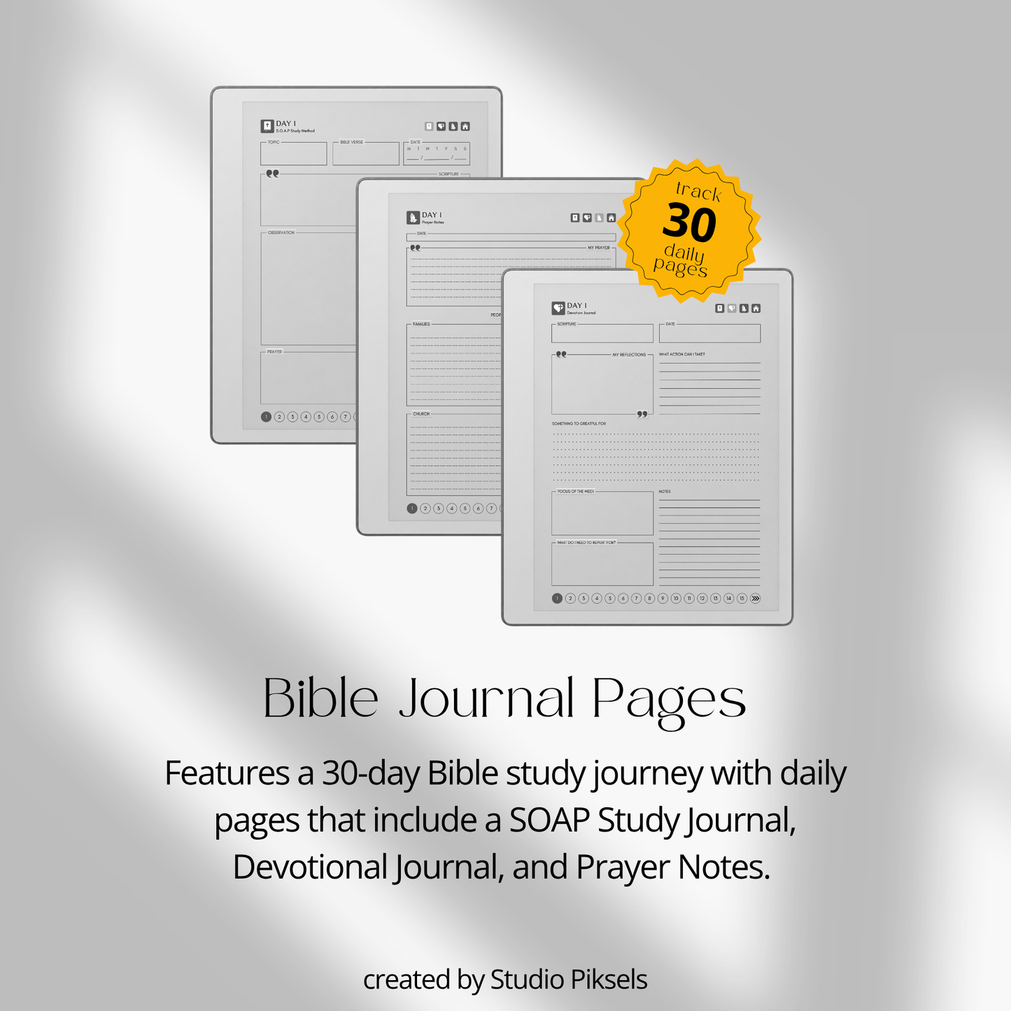 30-Day Bible Study Journal for reMarkable 2 and reMarkable Paper Pure featuring daily SOAP Bible study, devotional journal pages, prayer notes, and monochrome hyperlinked PDF layouts.