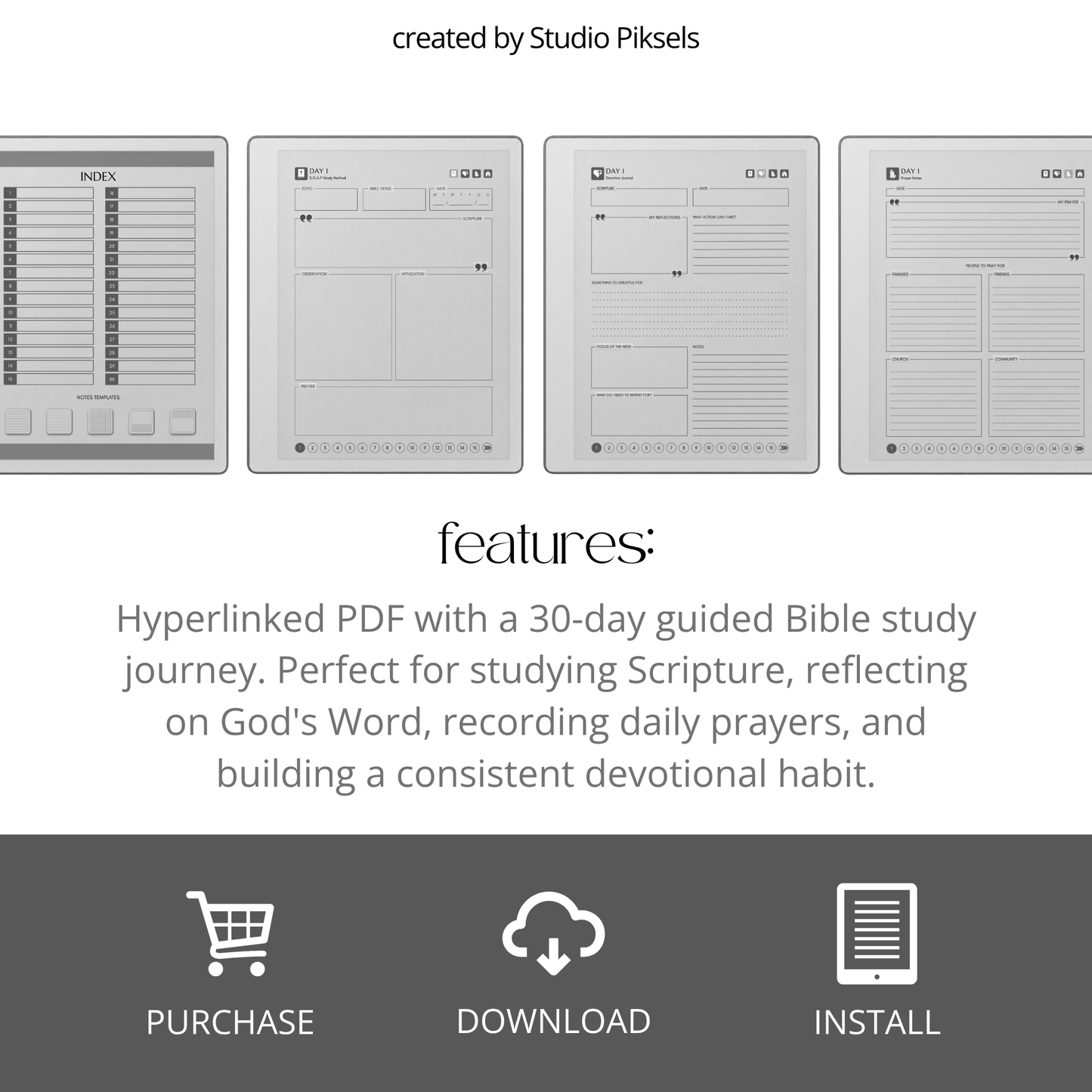 30-Day Bible Study Journal for reMarkable 2 and reMarkable Paper Pure featuring daily SOAP Bible study, devotional journal pages, prayer notes, and monochrome hyperlinked PDF layouts.