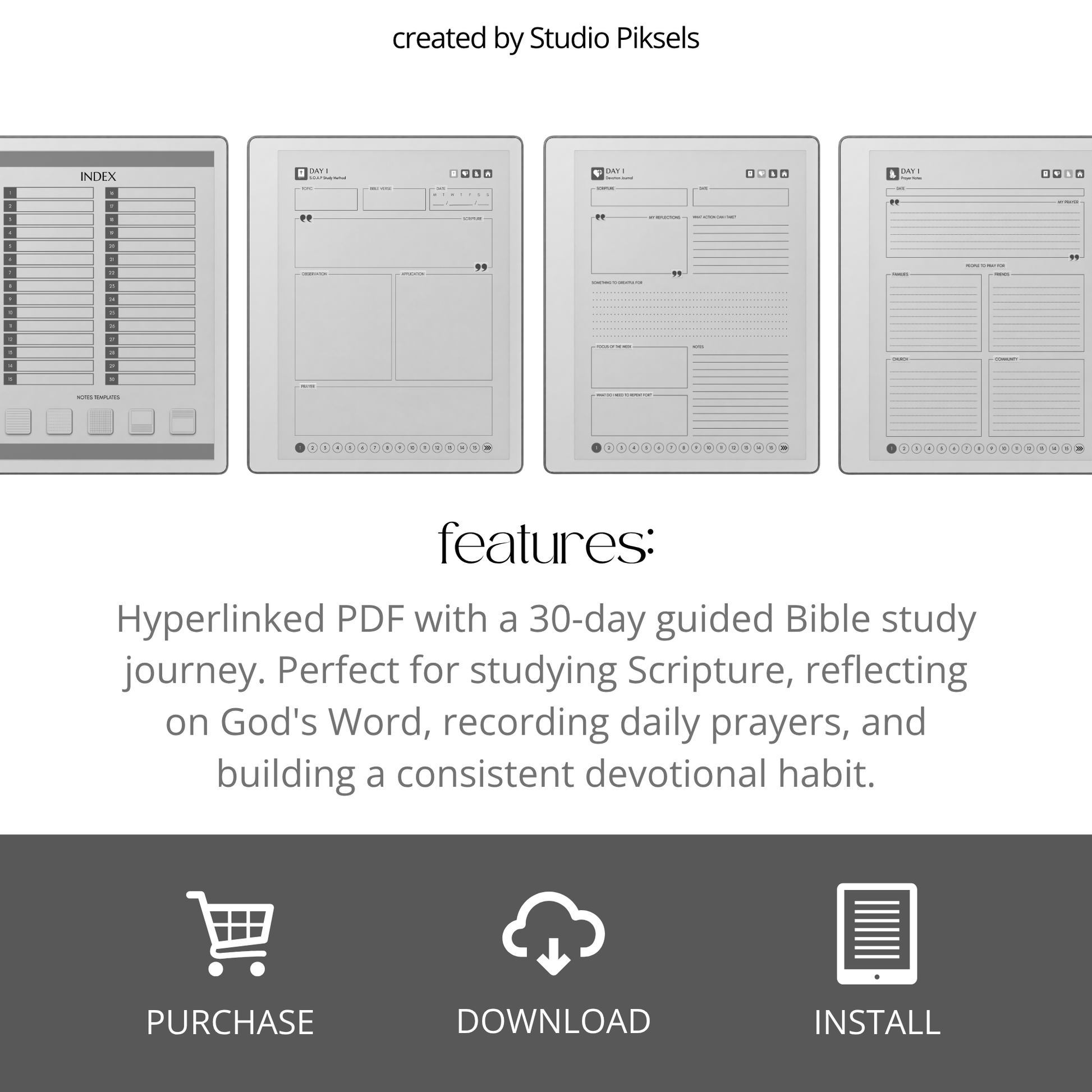30-Day Bible Study Journal for reMarkable 2 and reMarkable Paper Pure featuring daily SOAP Bible study, devotional journal pages, prayer notes, and monochrome hyperlinked PDF layouts.