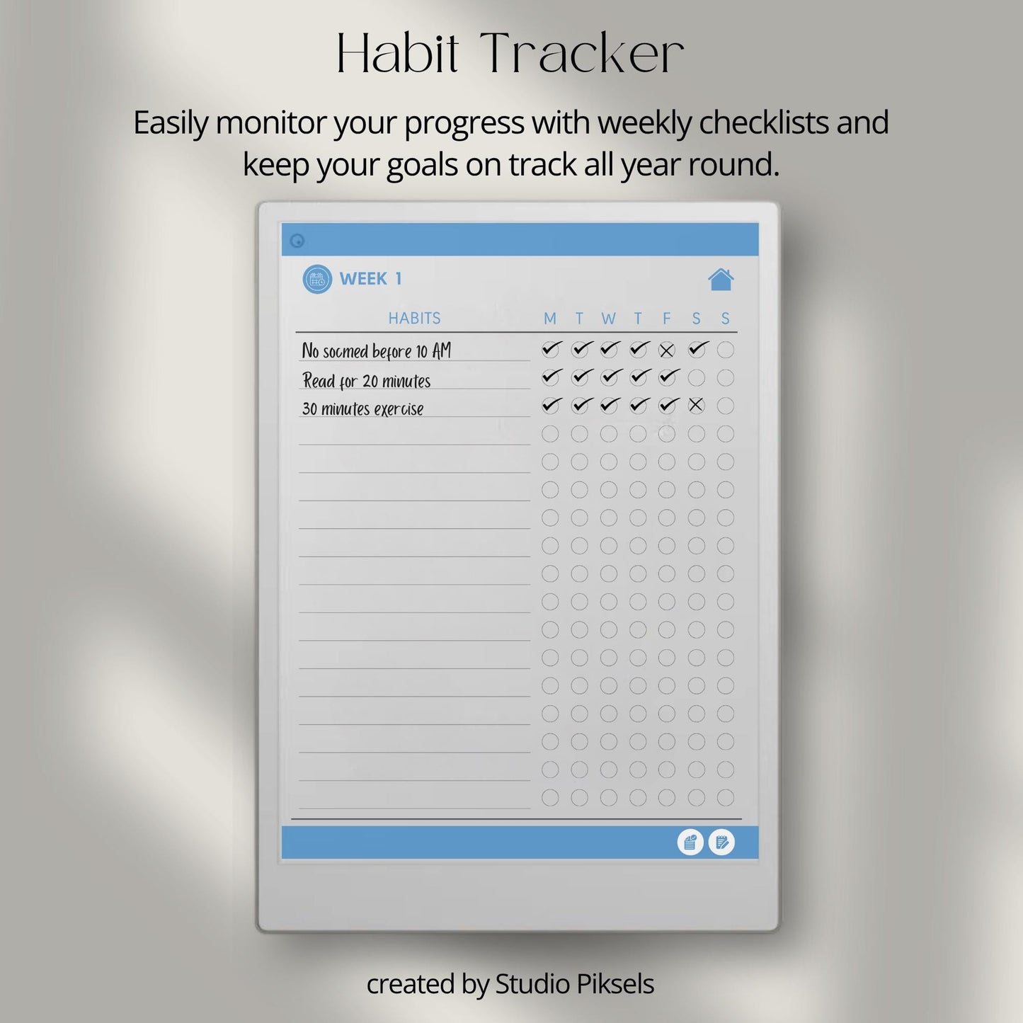 Habit Tracker for reMarkable Paper Pro: 52-Week Habit Planning Notebook with Weekly Habit Lists, Notes & Checklists